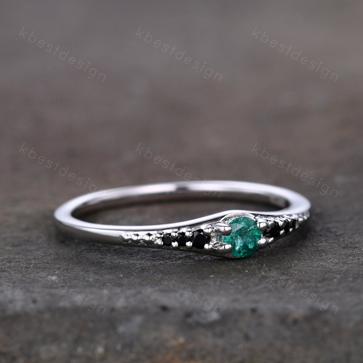 Natural emerald ring delicate emerald and black diamond stacking gemstone ring sterling silver ring emerald wedding band Women gift