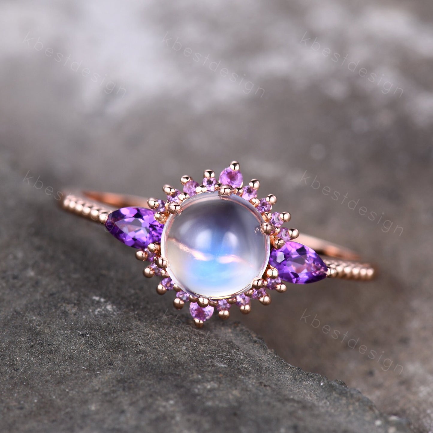 Vintage Moonstone engagement ring unique rose gold engagement ring for women Pear shaped amethyst ring Bridal Promise ring Anniversary Gift