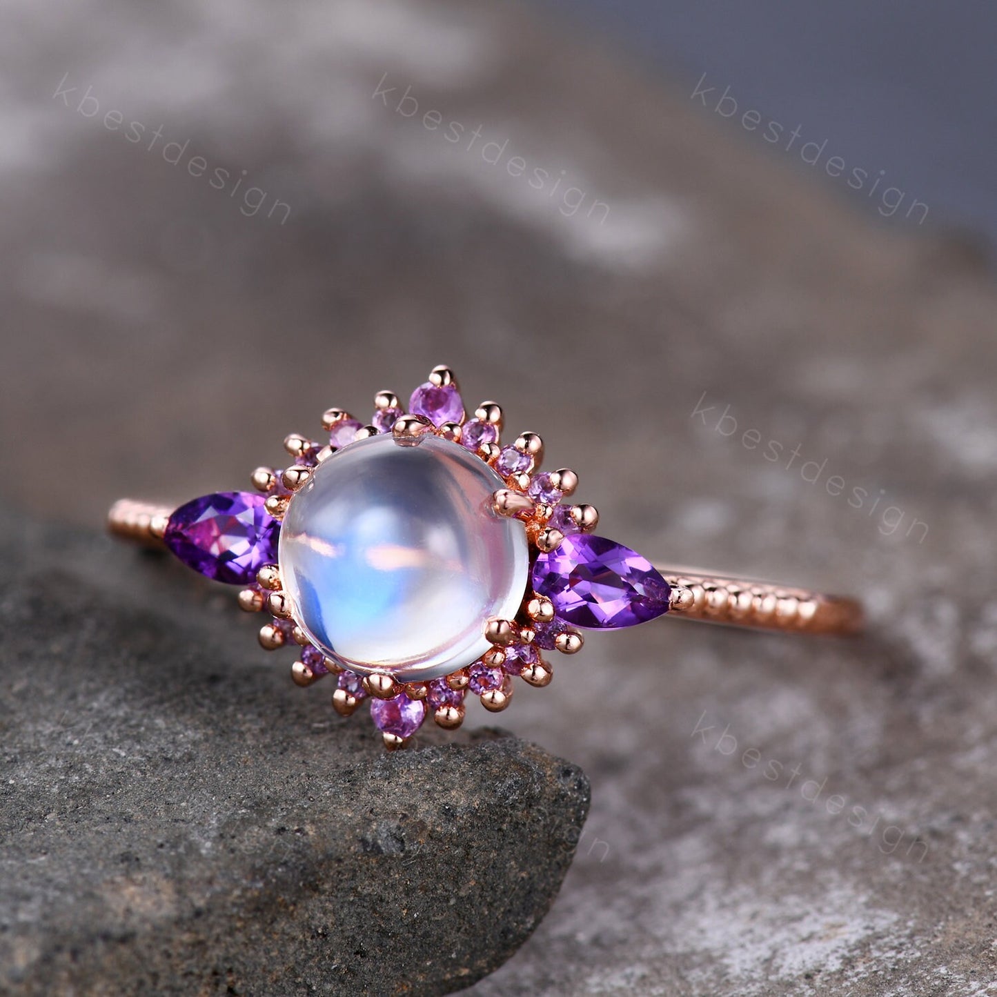 Vintage Moonstone engagement ring unique rose gold engagement ring for women Pear shaped amethyst ring Bridal Promise ring Anniversary Gift
