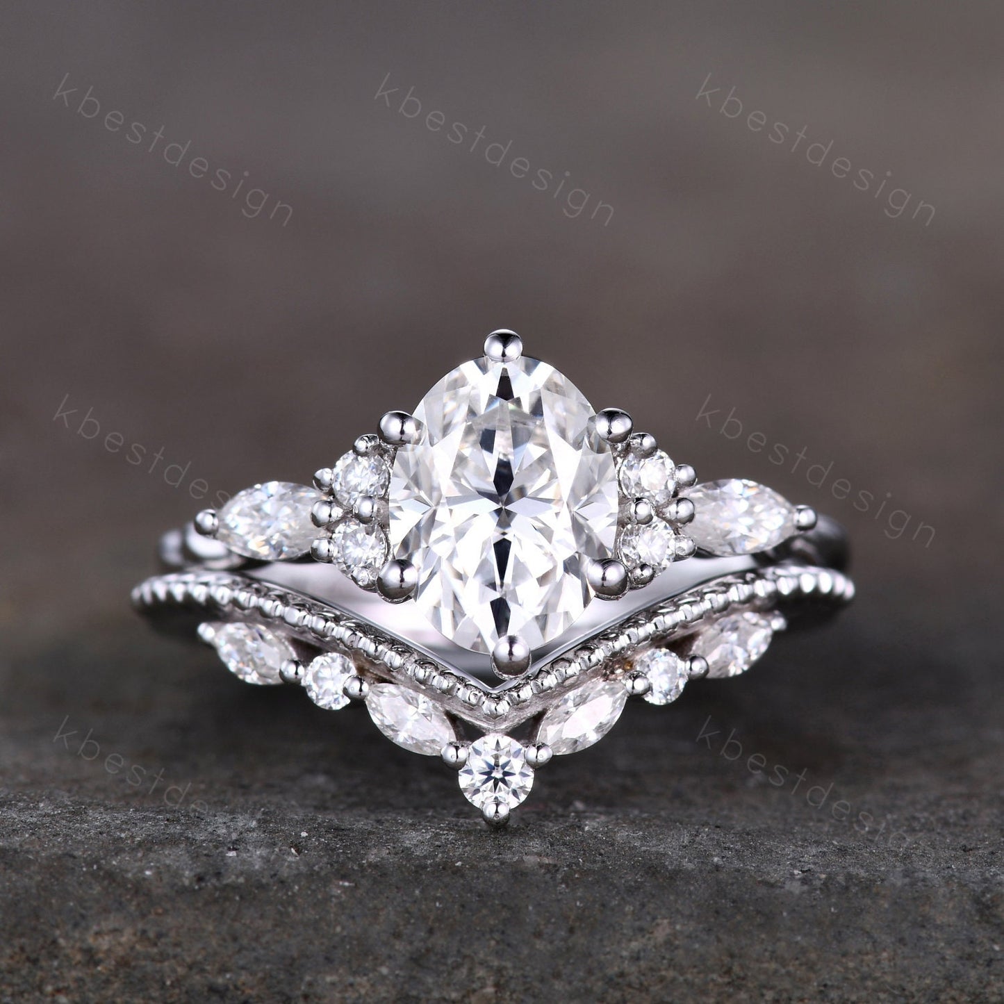 Oval Moissanite engagement ring vintage unique Cluster white gold engagement ring women Marquise stacking matching band Bridal Promise Ring