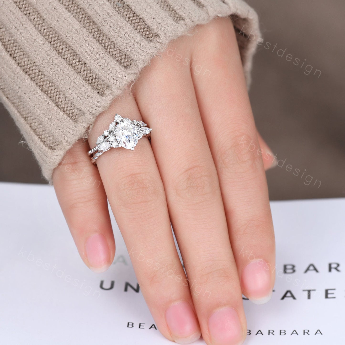 Oval Moissanite engagement ring vintage unique Cluster white gold engagement ring women Marquise stacking matching band Bridal Promise Ring