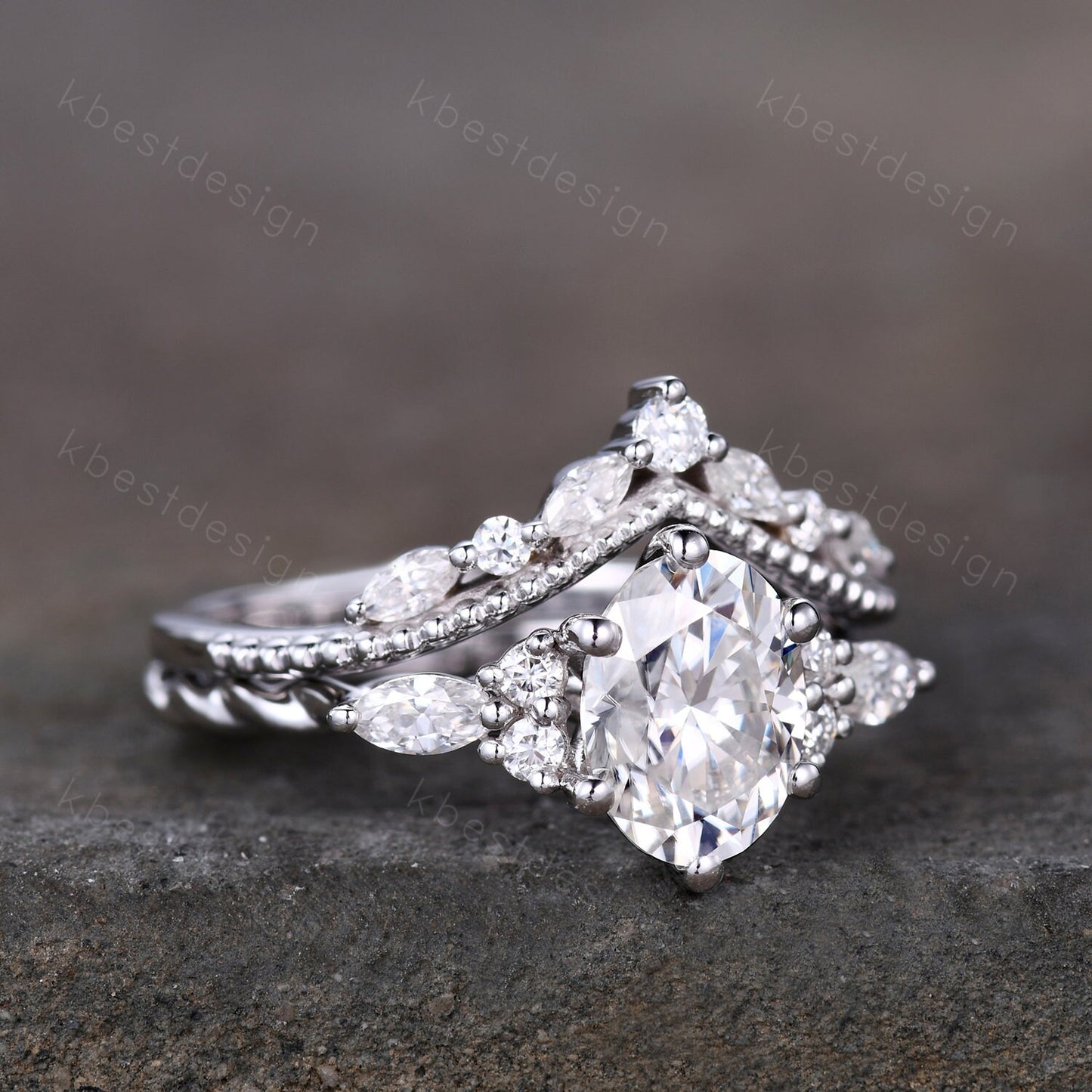 Oval Moissanite engagement ring vintage unique Cluster white gold engagement ring women Marquise stacking matching band Bridal Promise Ring
