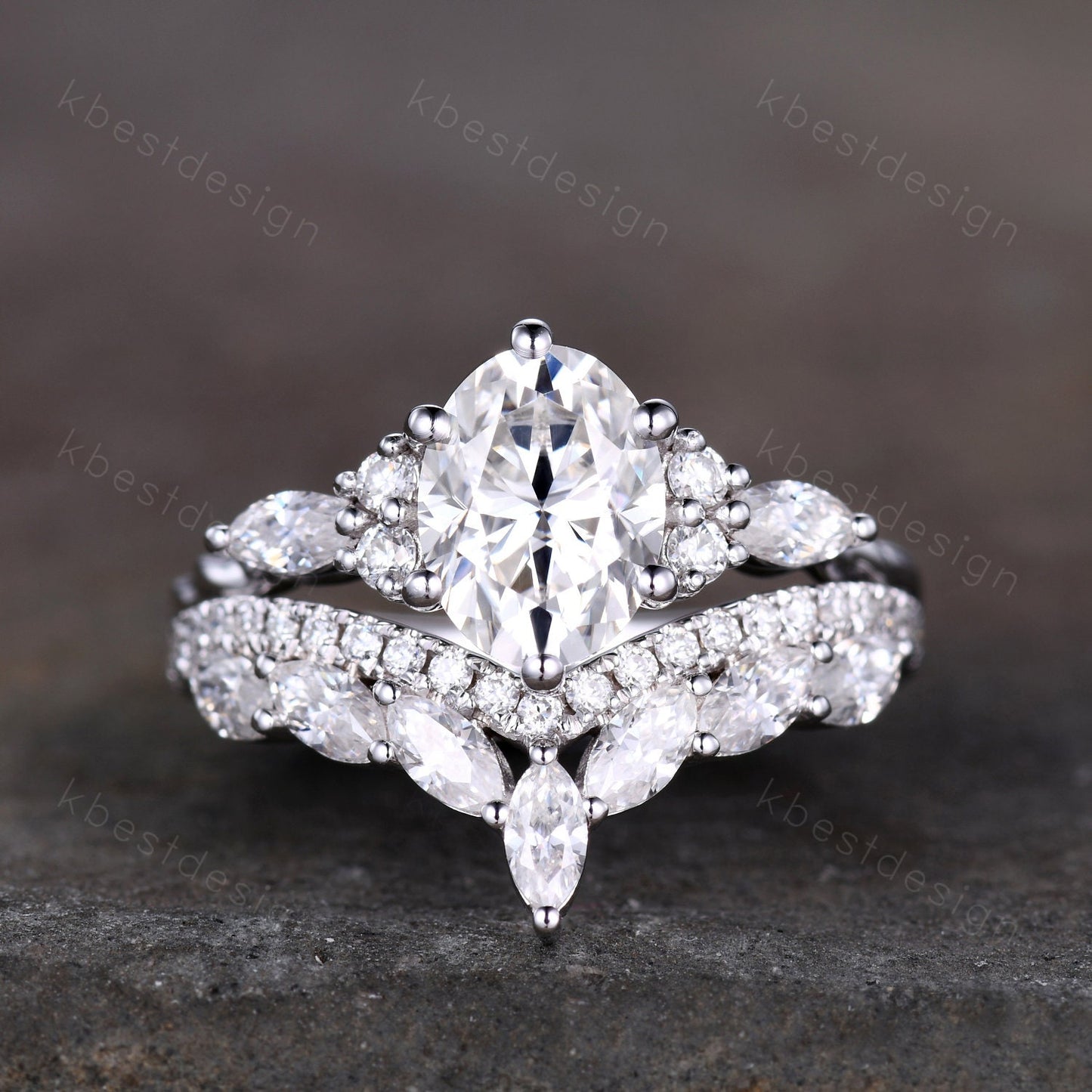Oval cut moissanite engagement ring set vintage white gold Cluster engagement ring Marquise Art Deco Moissanite Wedding Ring Set Gift
