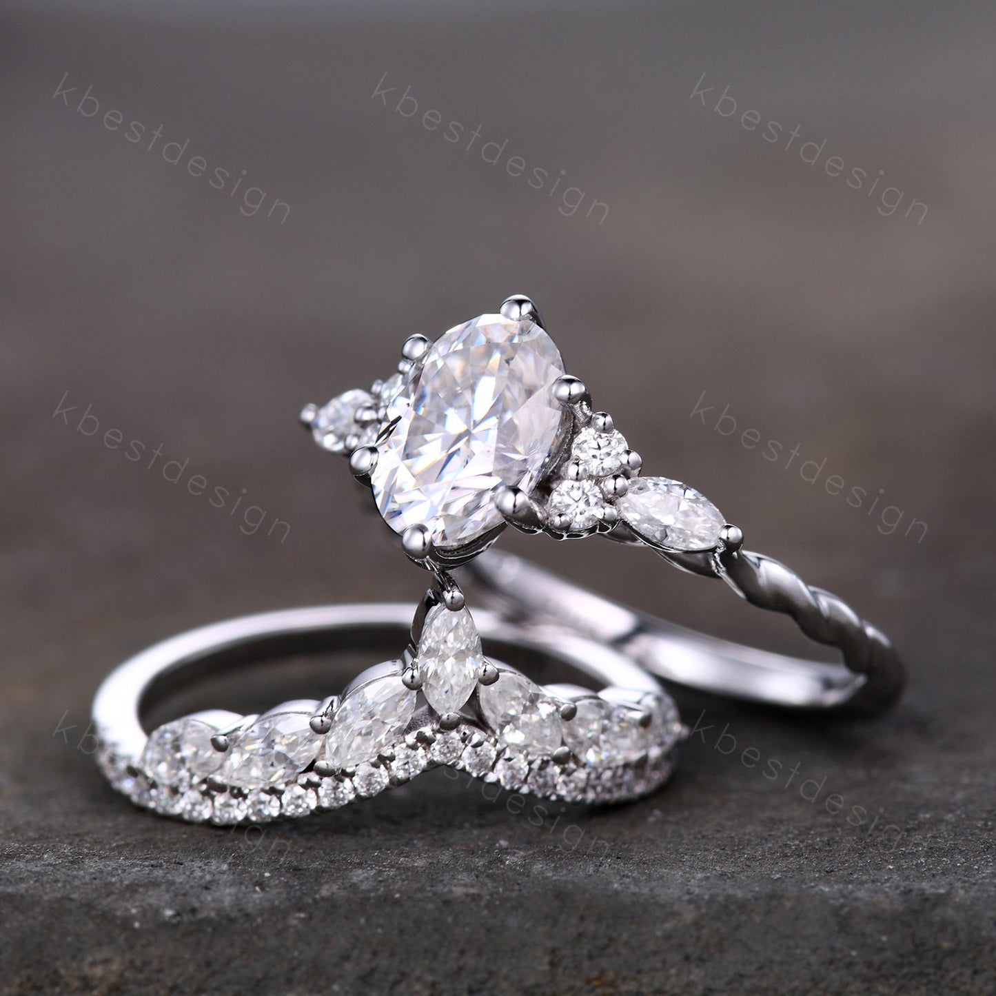 Oval cut moissanite engagement ring set vintage white gold Cluster engagement ring Marquise Art Deco Moissanite Wedding Ring Set Gift