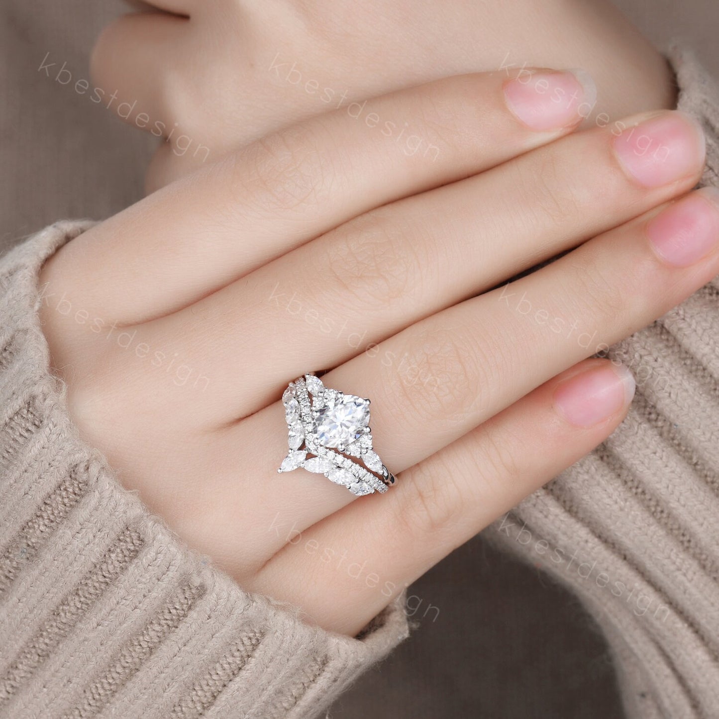 Vintage Moissanite Engagement Ring Set White Gold Oval Shaped Cluster Moissanite Bridal Set Art Deco Moissanite Wedding Ring Set Women Gift