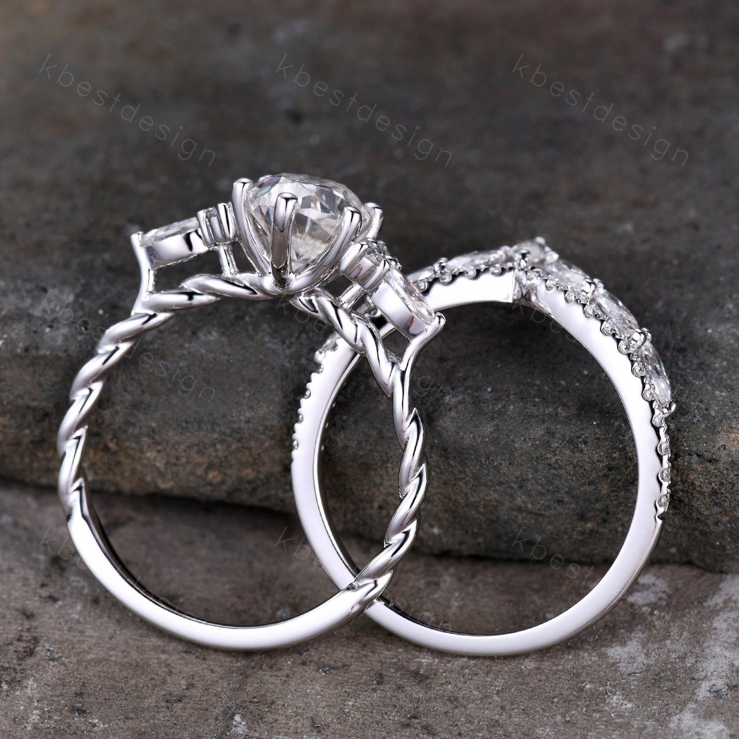 Oval cut moissanite engagement ring set vintage white gold Cluster engagement ring Marquise Art Deco Moissanite Wedding Ring Set Gift