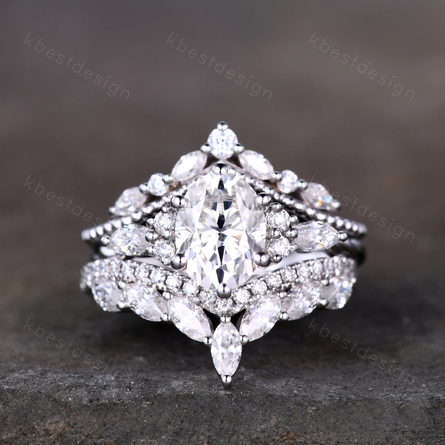 Vintage Moissanite Engagement Ring Set White Gold Oval Shaped Cluster Moissanite Bridal Set Art Deco Moissanite Wedding Ring Set Women Gift