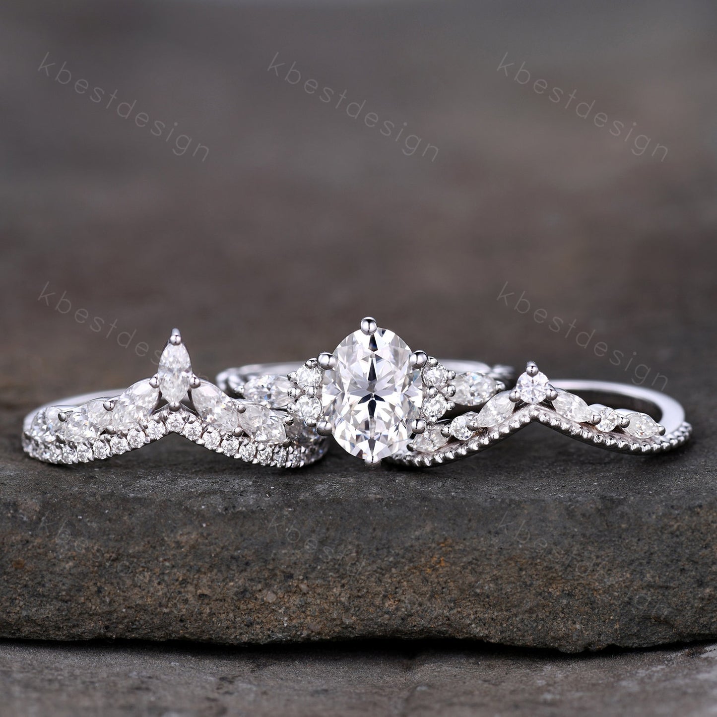 Vintage Moissanite Engagement Ring Set White Gold Oval Shaped Cluster Moissanite Bridal Set Art Deco Moissanite Wedding Ring Set Women Gift