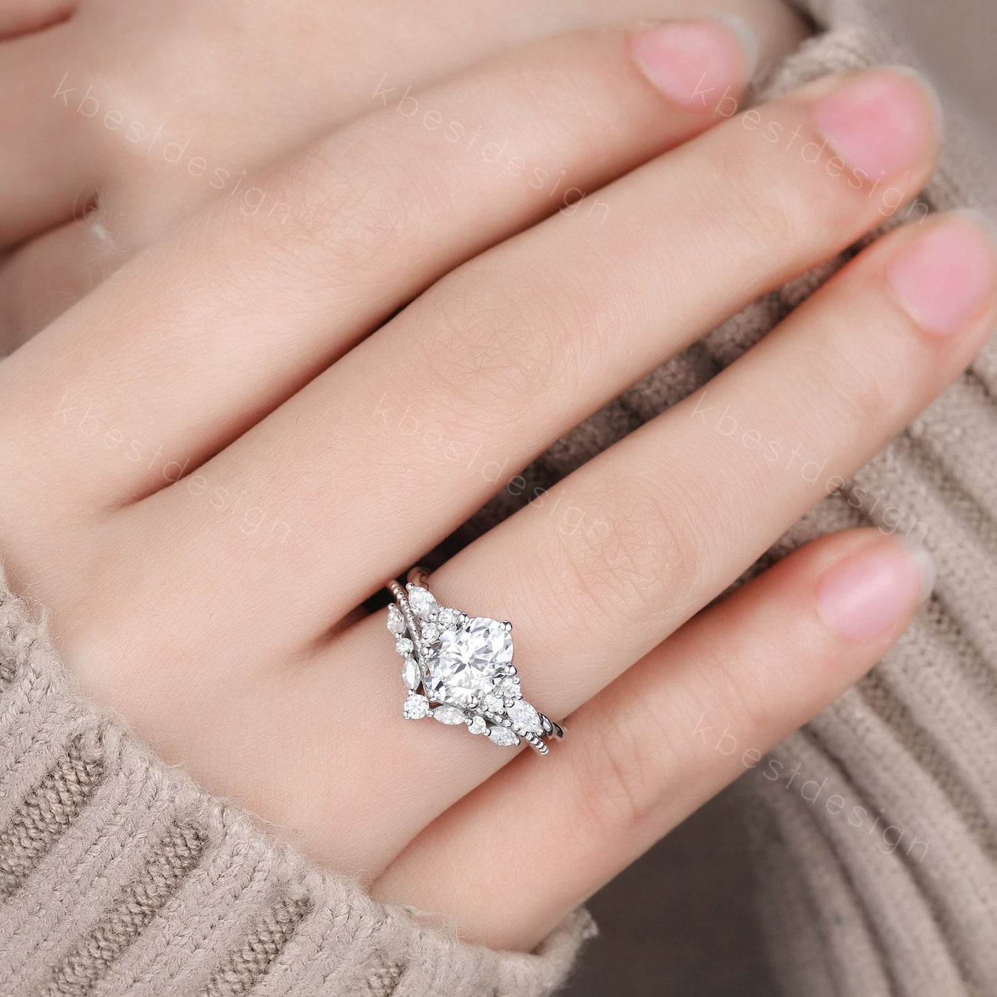 Vintage Moissanite Engagement Ring Set White Gold Oval Shaped Cluster Moissanite Bridal Set Art Deco Moissanite Wedding Ring Set Women Gift