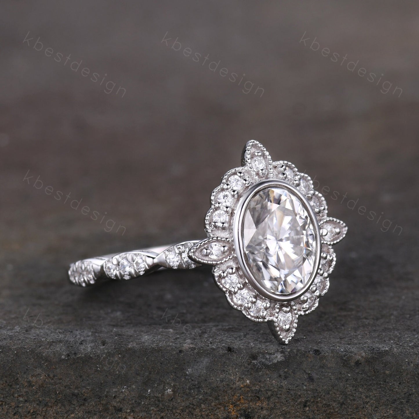 1.5CT Oval Moissanite engagement ring vintage unique halo white gold engagement women art deco wedding Bridal Ring Promise Anniversary ring