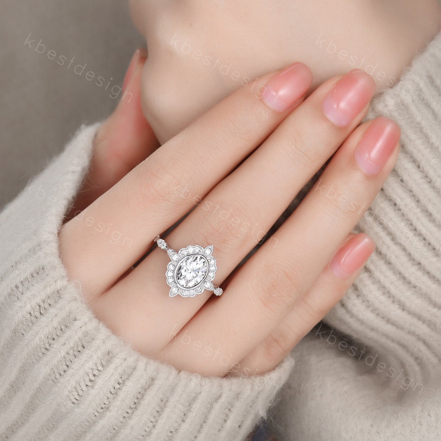 1.5CT Oval Moissanite engagement ring vintage unique halo white gold engagement women art deco wedding Bridal Ring Promise Anniversary ring