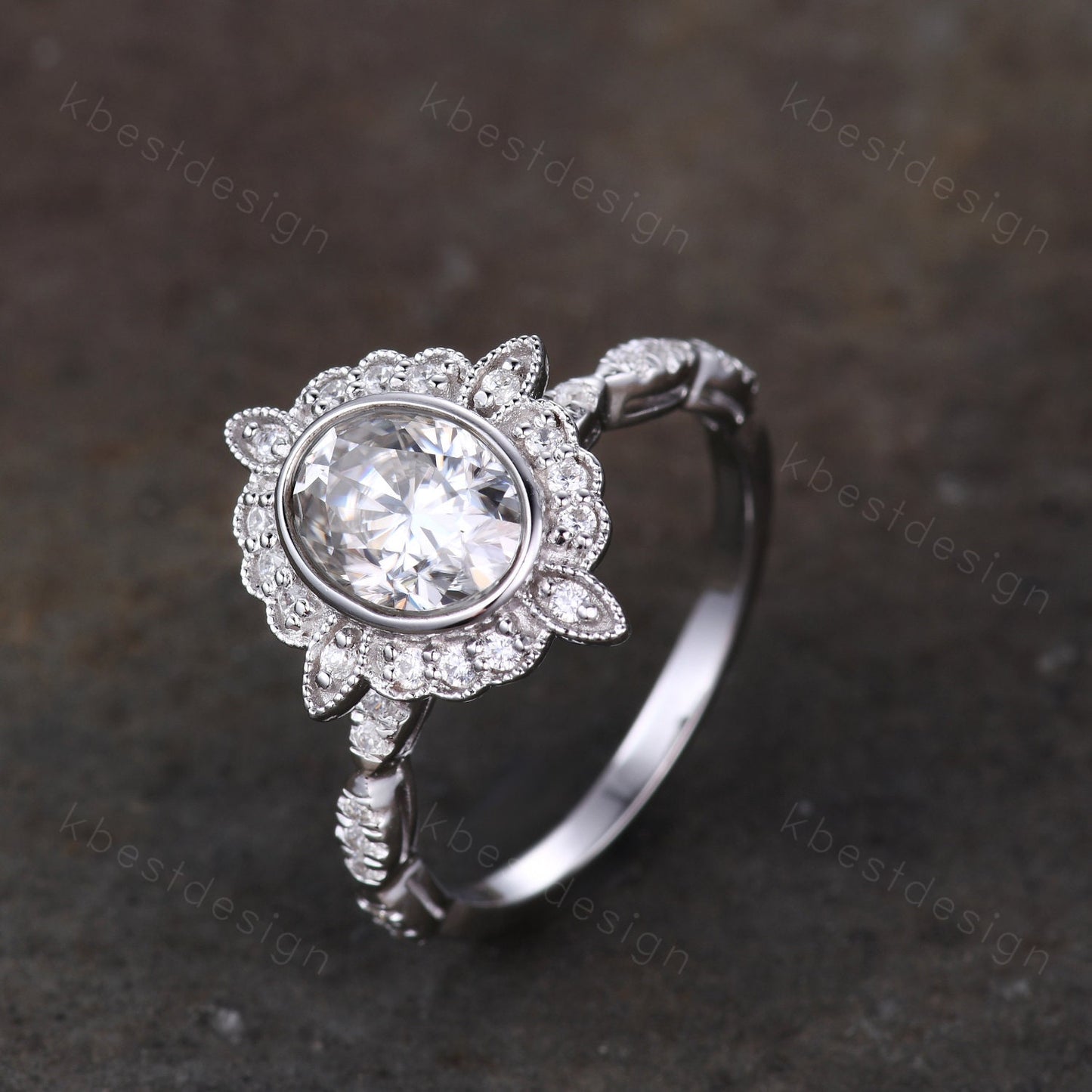 1.5CT Oval Moissanite engagement ring vintage unique halo white gold engagement women art deco wedding Bridal Ring Promise Anniversary ring
