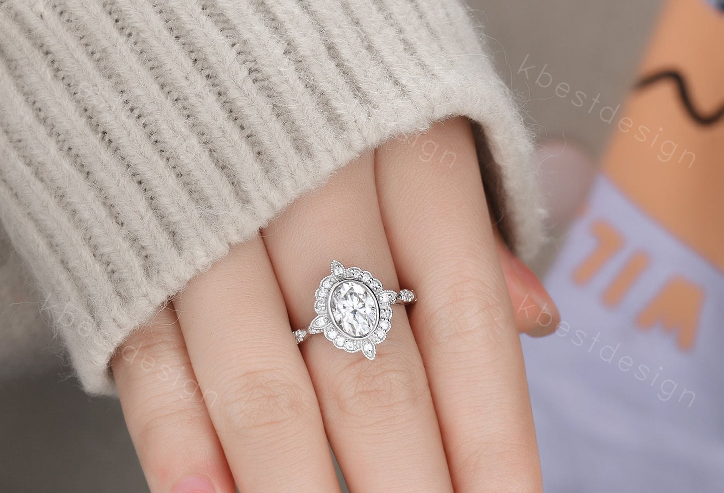 1.5CT Oval Moissanite engagement ring vintage unique halo white gold engagement women art deco wedding Bridal Ring Promise Anniversary ring