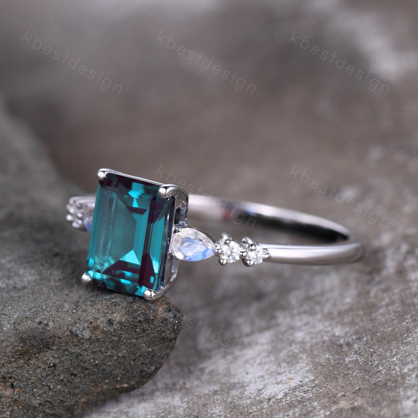 Emerald cut Alexandrite ring sterling silver ring for women vintage unique Alexandrite engagement ring pear moonstone wedding Promise ring
