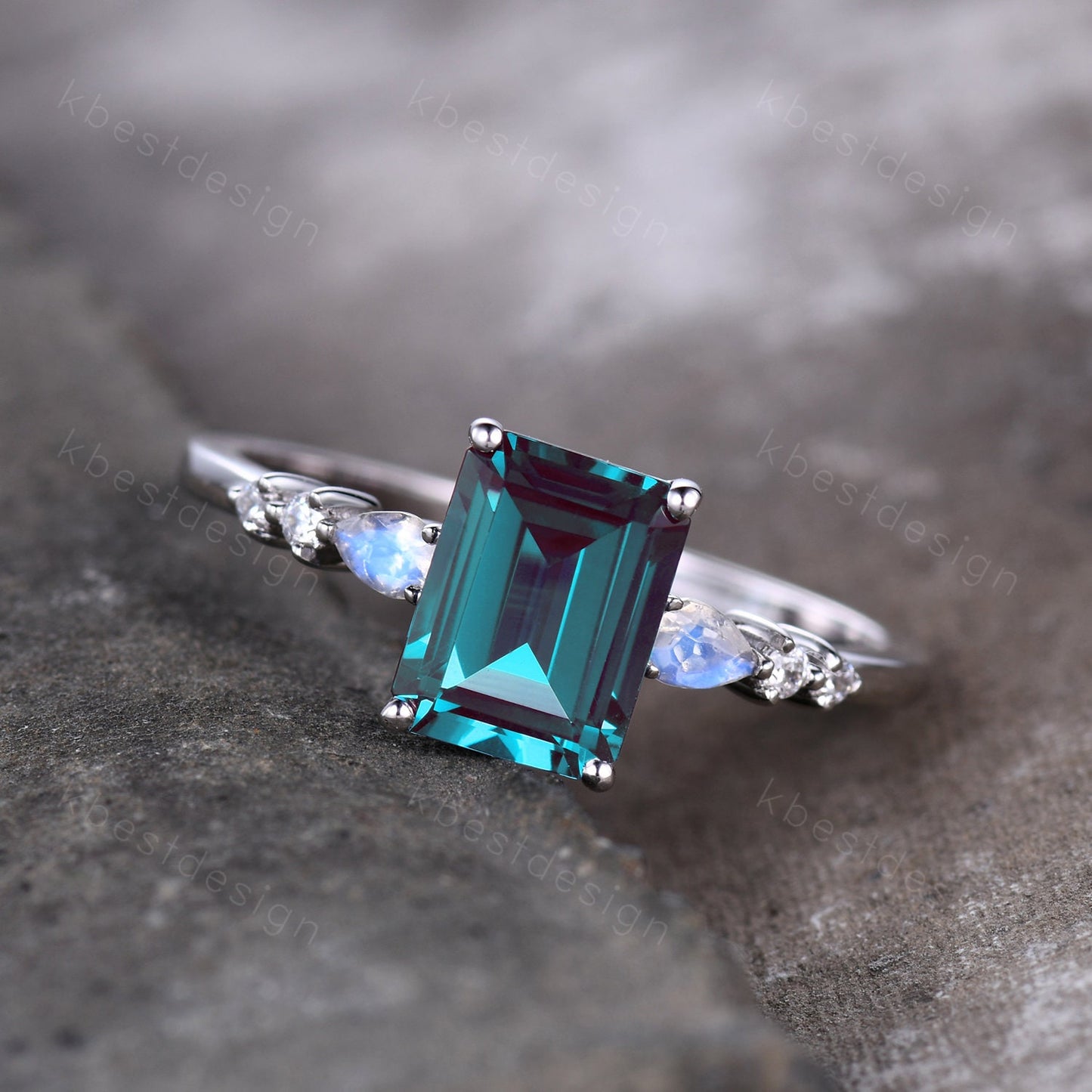 Emerald cut Alexandrite ring sterling silver ring for women vintage unique Alexandrite engagement ring pear moonstone wedding Promise ring