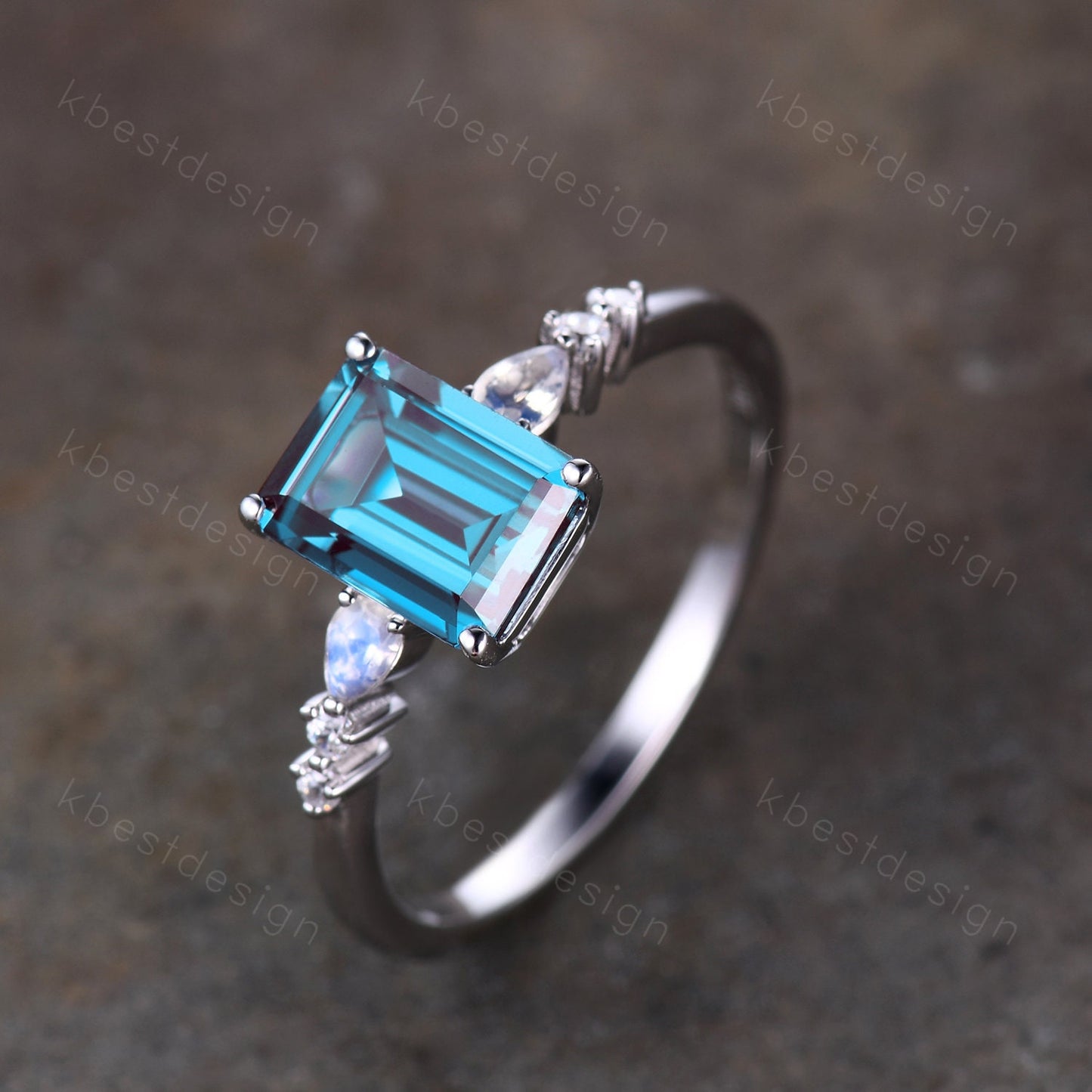 Emerald cut Alexandrite ring sterling silver ring for women vintage unique Alexandrite engagement ring pear moonstone wedding Promise ring