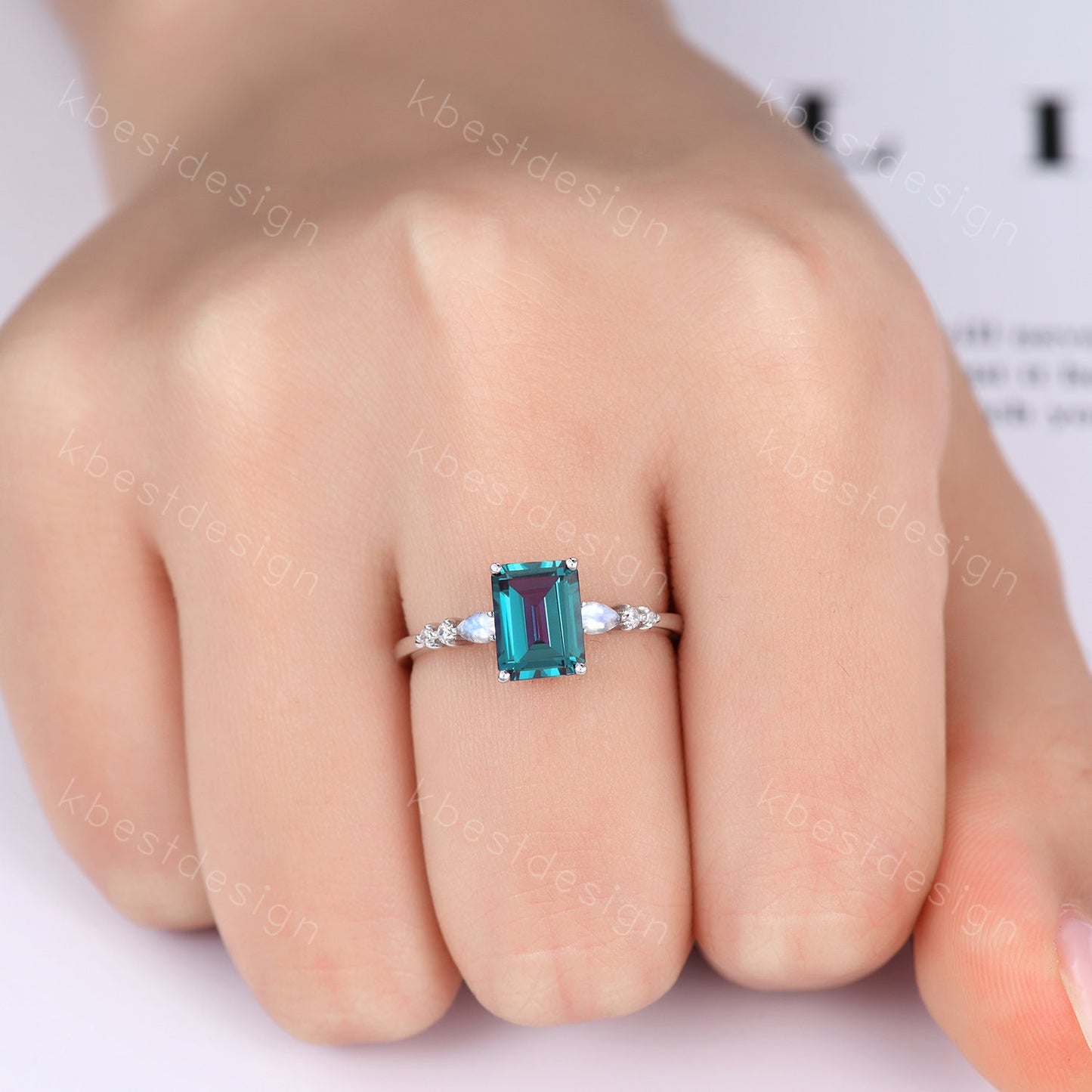 Emerald cut Alexandrite ring sterling silver ring for women vintage unique Alexandrite engagement ring pear moonstone wedding Promise ring