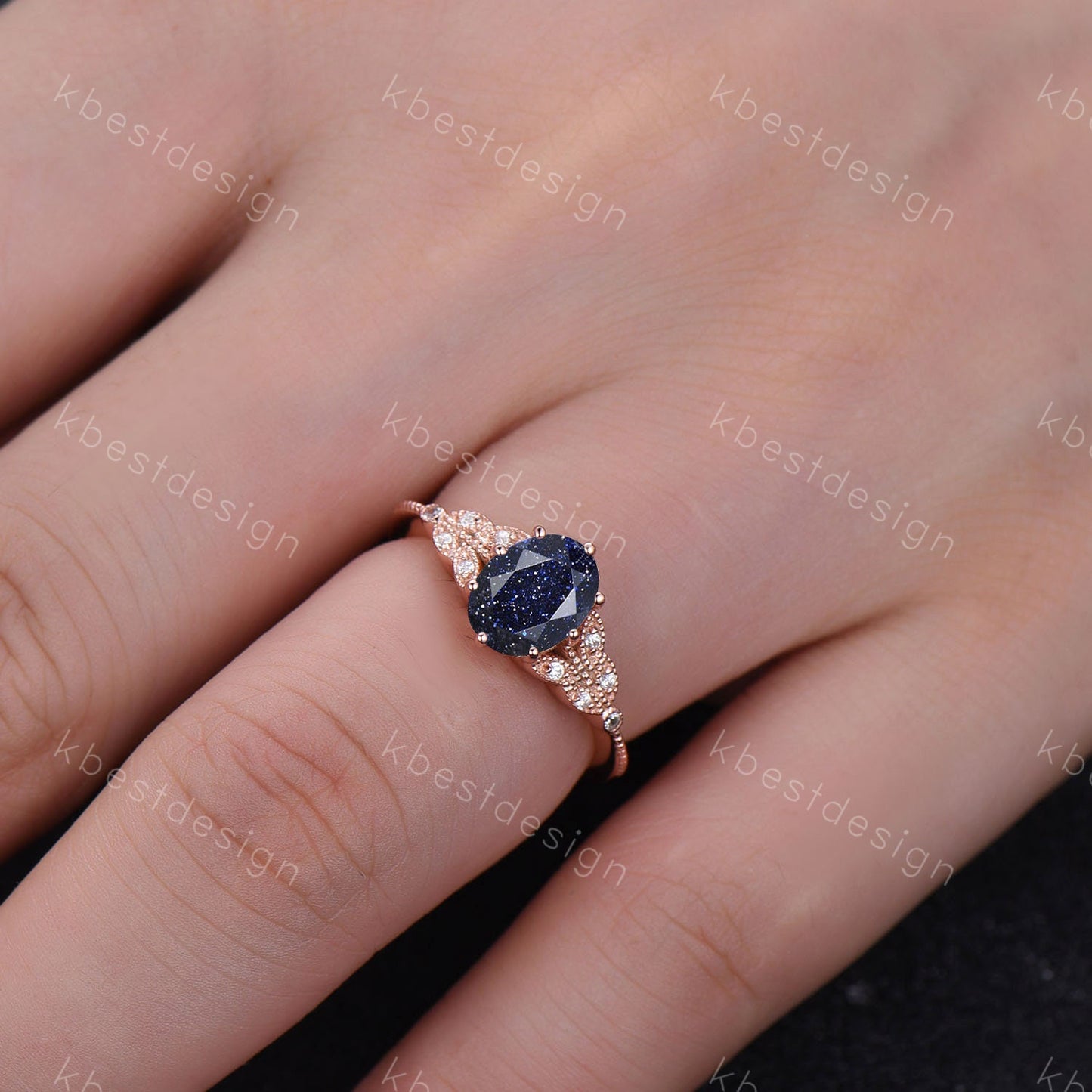 Galaxy Sandstone Ring Oval Blue Sandstone Engagement Ring Sterling Silver Ring Unique Art Deco Bridal Wedding Ring Promise Anniversary Ring