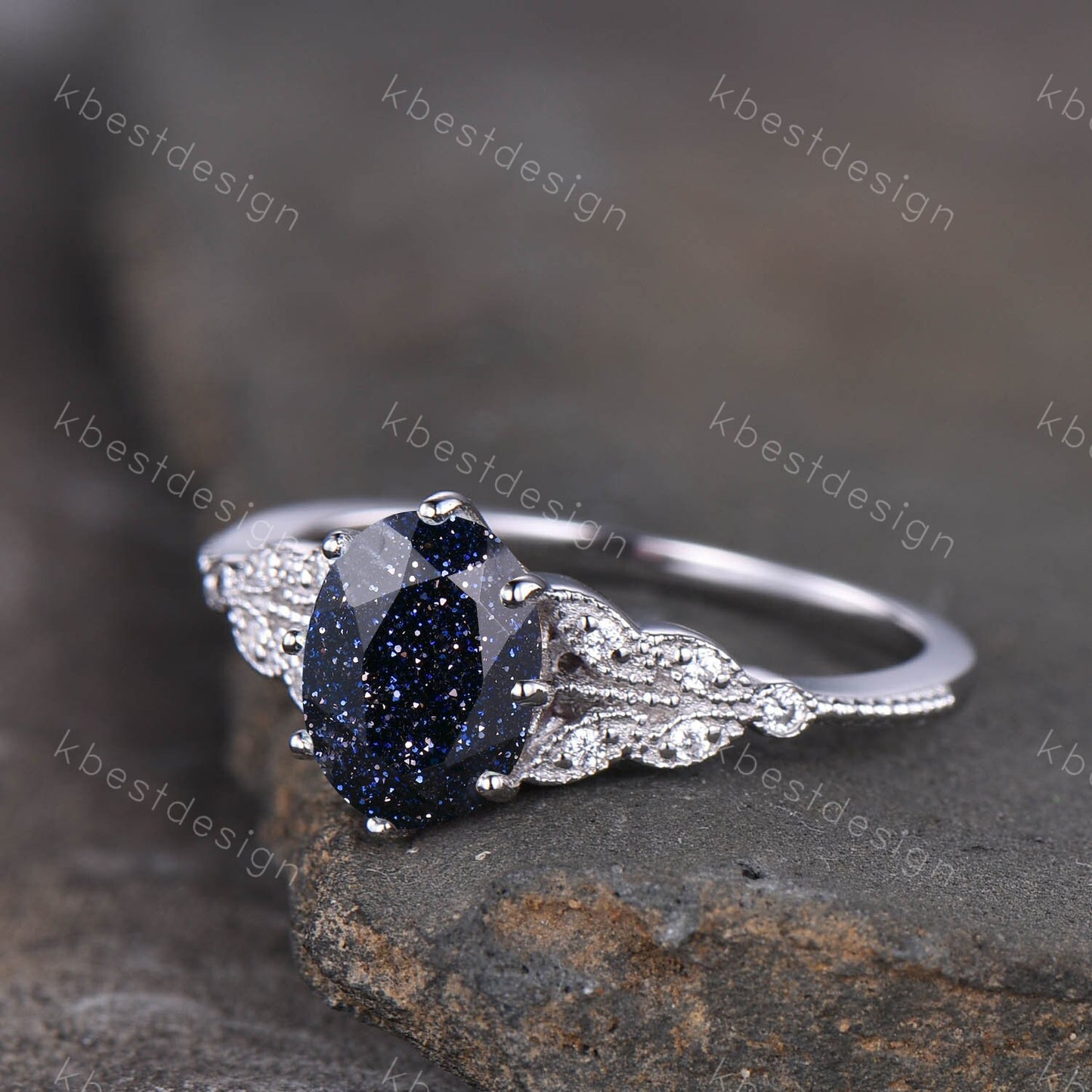 Galaxy Sandstone Ring Oval Blue Sandstone Engagement Ring Sterling Silver Ring Unique Art Deco Bridal Wedding Ring Promise Anniversary Ring