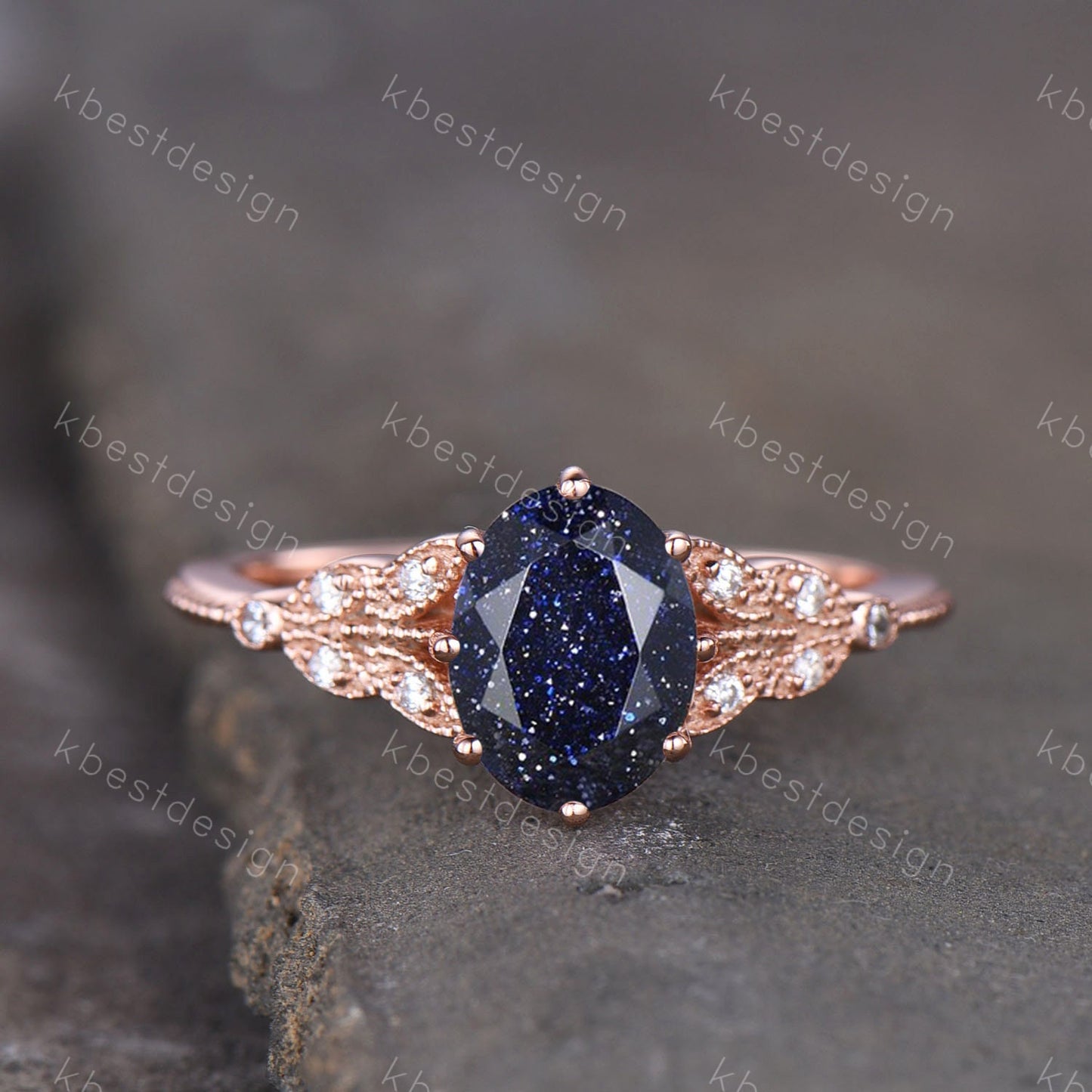 Galaxy Sandstone Ring Oval Blue Sandstone Engagement Ring Sterling Silver Ring Unique Art Deco Bridal Wedding Ring Promise Anniversary Ring