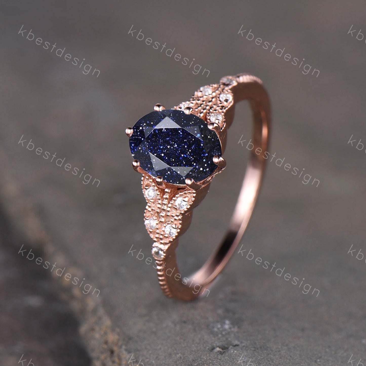 Galaxy Sandstone Ring Oval Blue Sandstone Engagement Ring Sterling Silver Ring Unique Art Deco Bridal Wedding Ring Promise Anniversary Ring