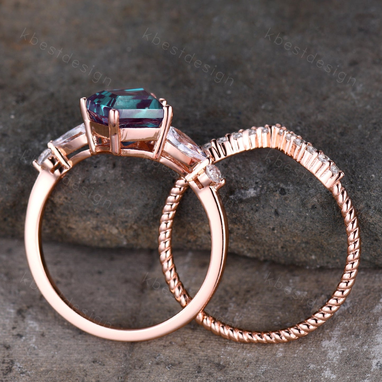 Vintage kite cut alexandrite engagement ring set rose gold pear shaped wedding ring for women unique curved stacking band bridal wedding set