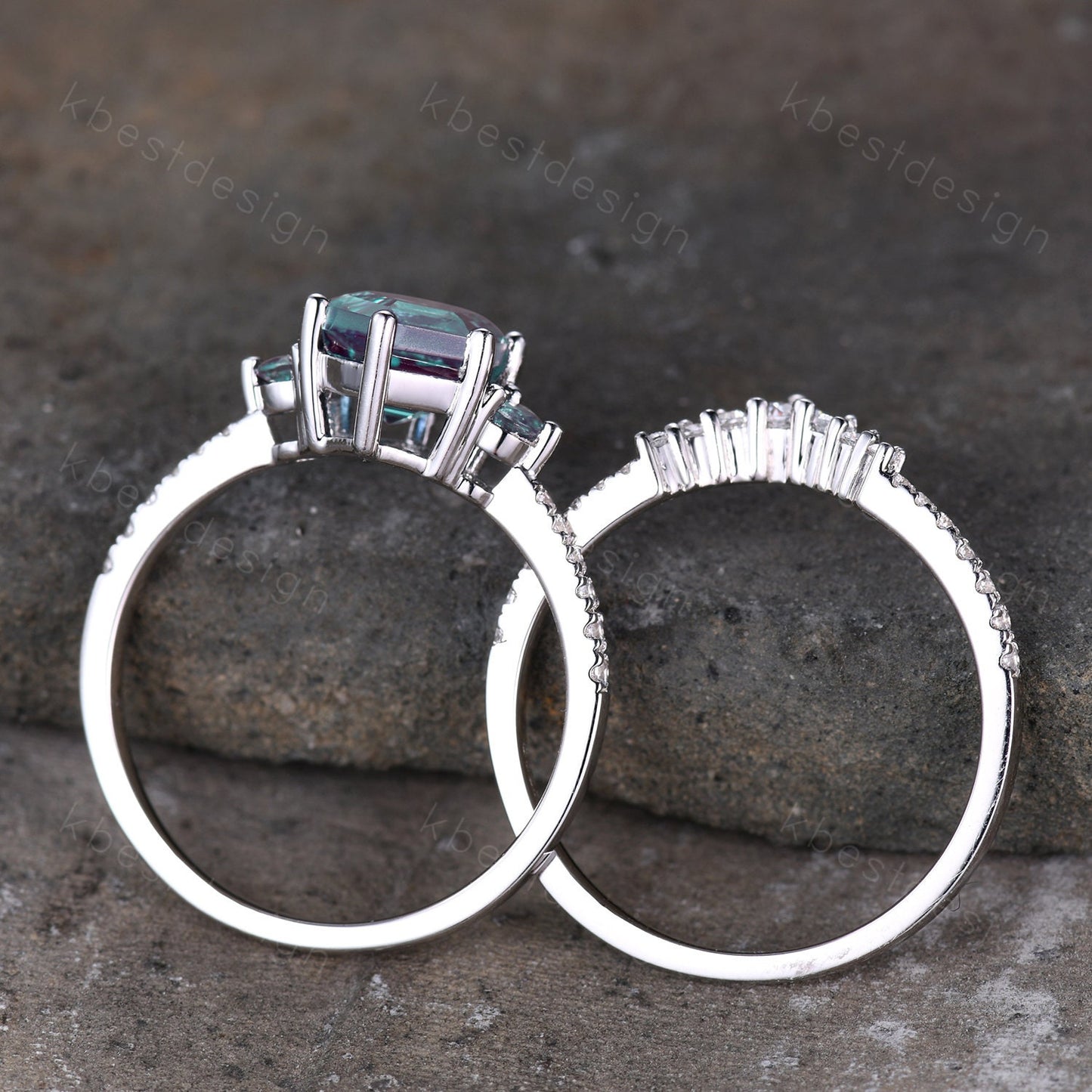 Unique Hexagon Cut Alexandrite Engagement Ring Set Women White Gold Rings Vintage Three Stone Bridal Wedding Set Promise Anniversary Gift