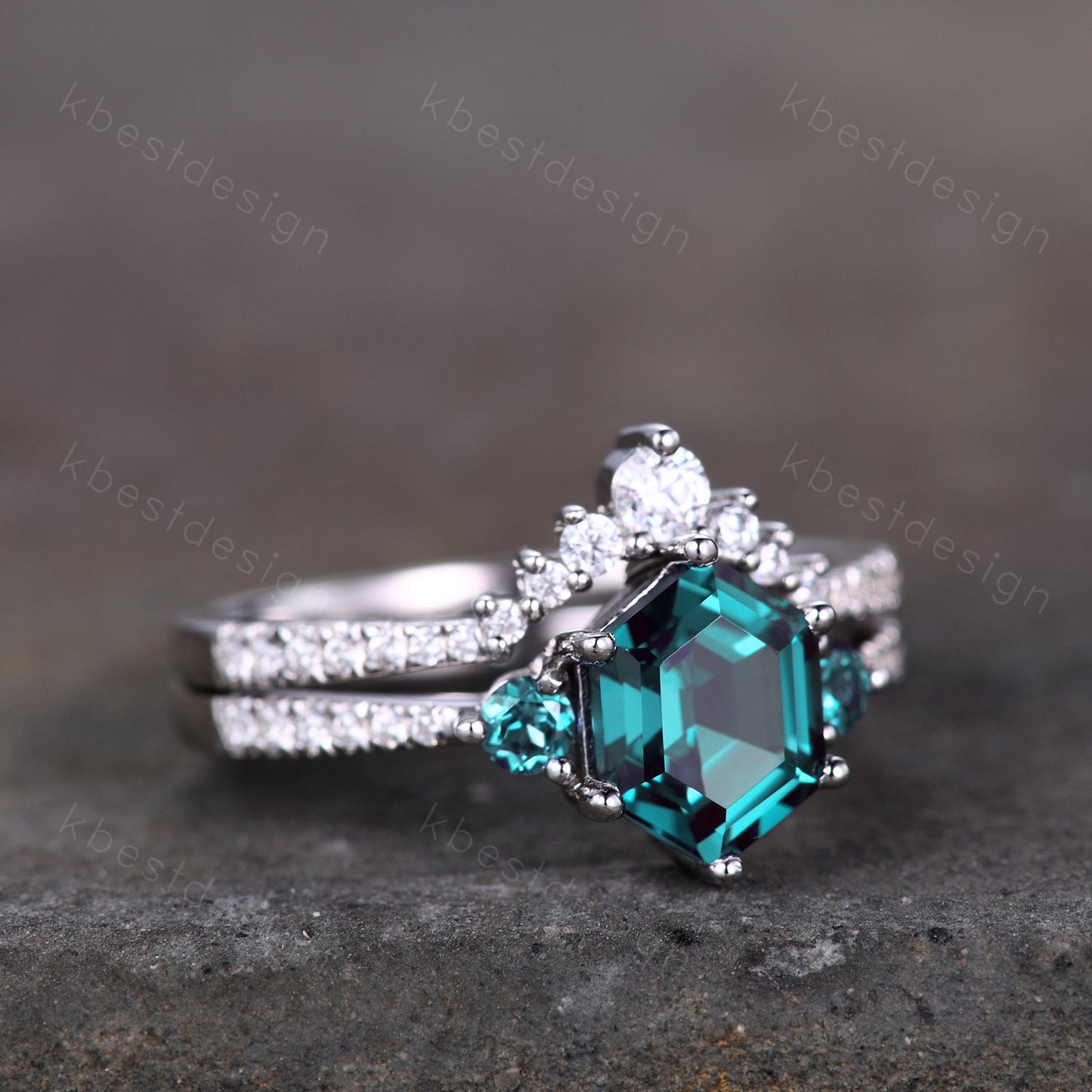 Unique Hexagon Cut Alexandrite Engagement Ring Set Women White Gold Rings Vintage Three Stone Bridal Wedding Set Promise Anniversary Gift