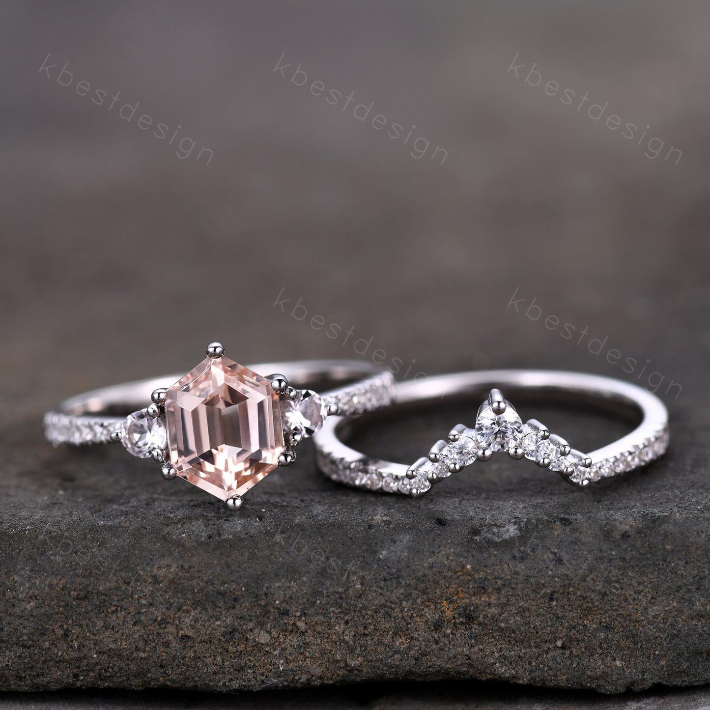 Vintage Morganite Engagement Ring Set Hexagon Cut Morganite Ring Unique Curved Stacking Matching Band Promise Ring Bridal Set Silver Rings