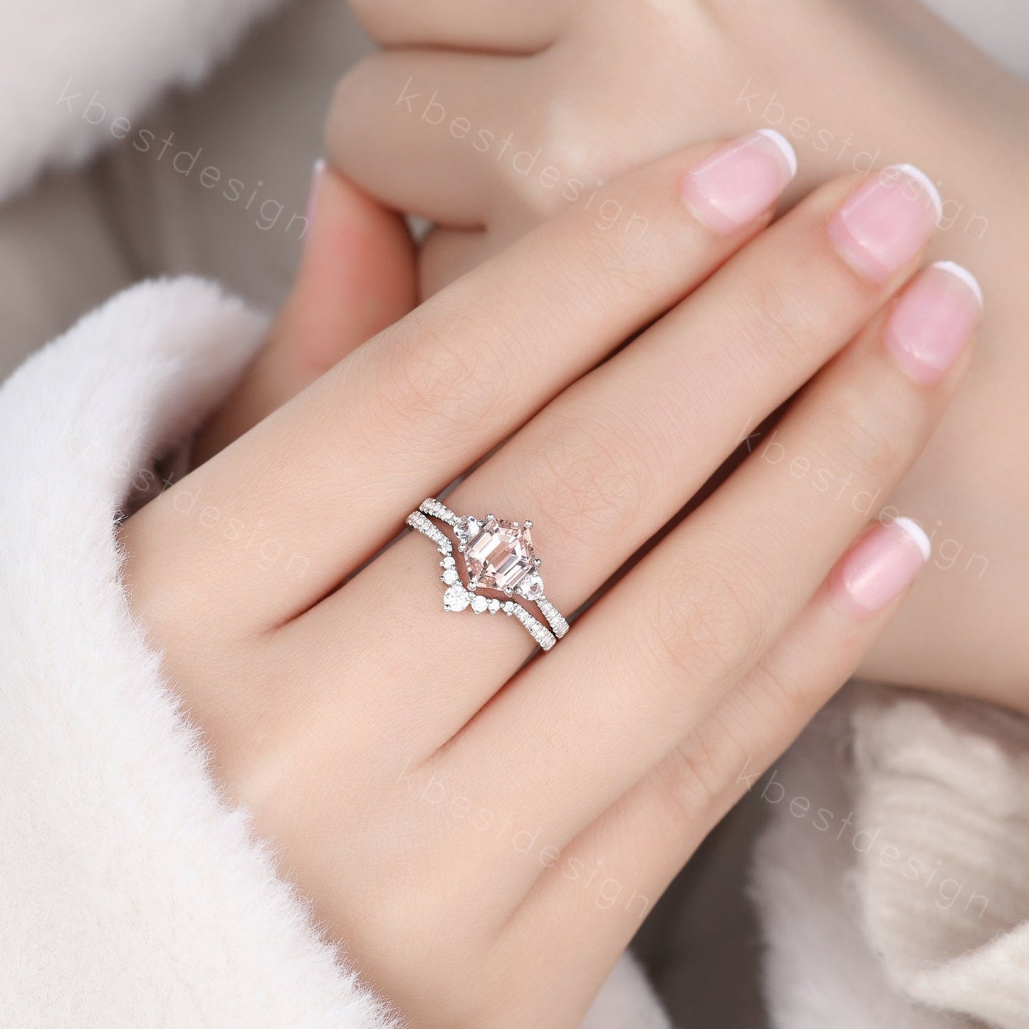 Vintage Morganite Engagement Ring Set Hexagon Cut Morganite Ring Unique Curved Stacking Matching Band Promise Ring Bridal Set Silver Rings