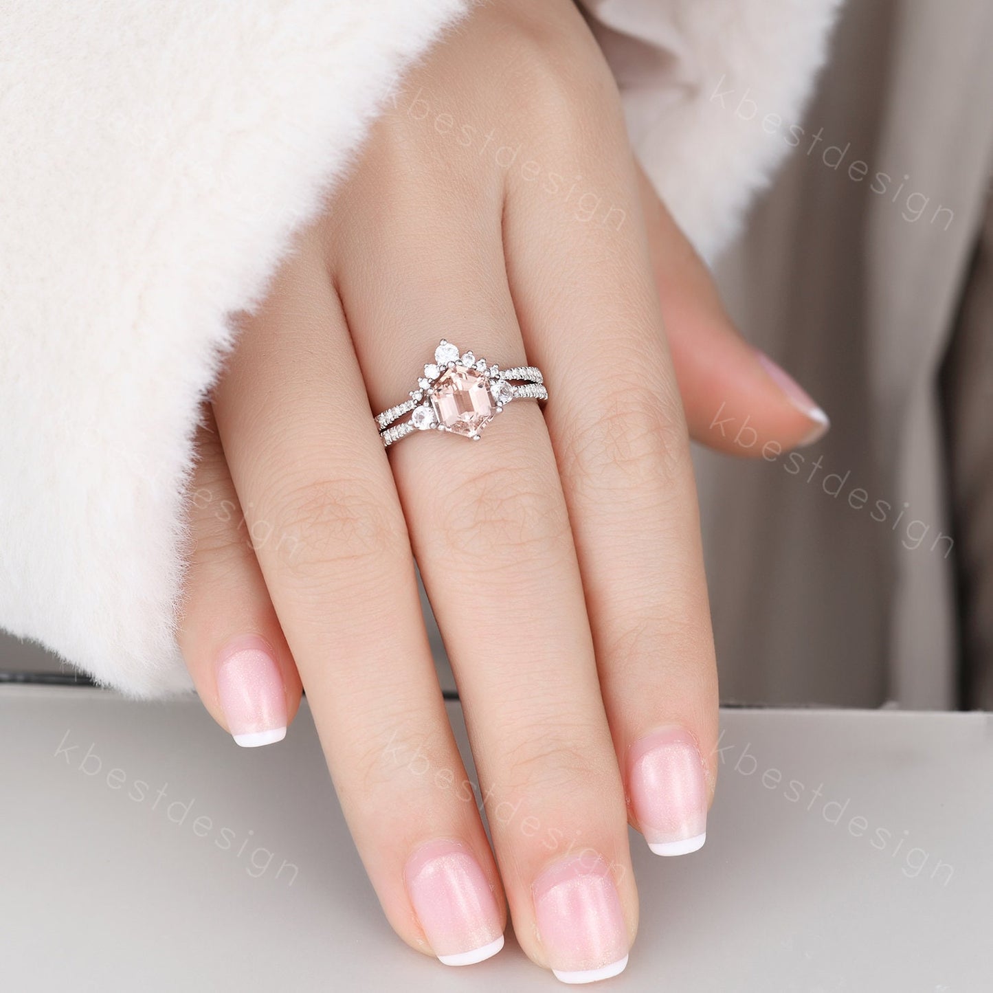 Vintage Morganite Engagement Ring Set Hexagon Cut Morganite Ring Unique Curved Stacking Matching Band Promise Ring Bridal Set Silver Rings