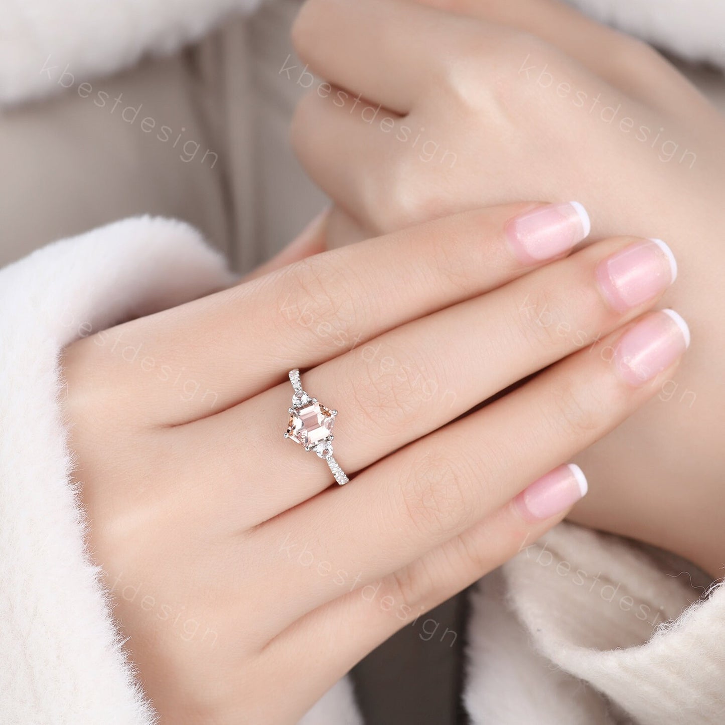 Vintage Morganite Engagement Ring Set Hexagon Cut Morganite Ring Unique Curved Stacking Matching Band Promise Ring Bridal Set Silver Rings