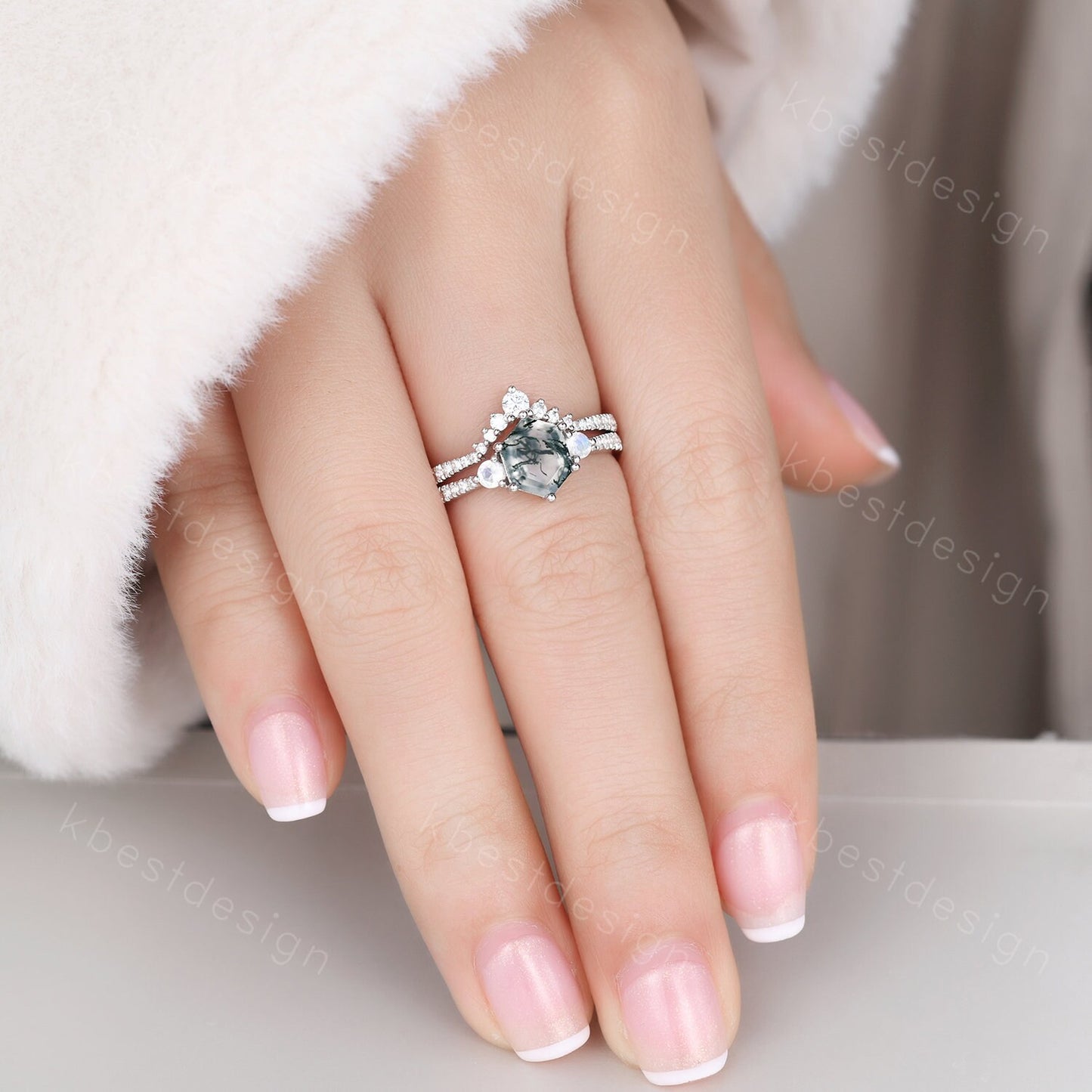 Vintage green moss agate engagement ring set hexagon cut ring unique moonstone wedding ring art deco curved stacking ring bridal wedding set
