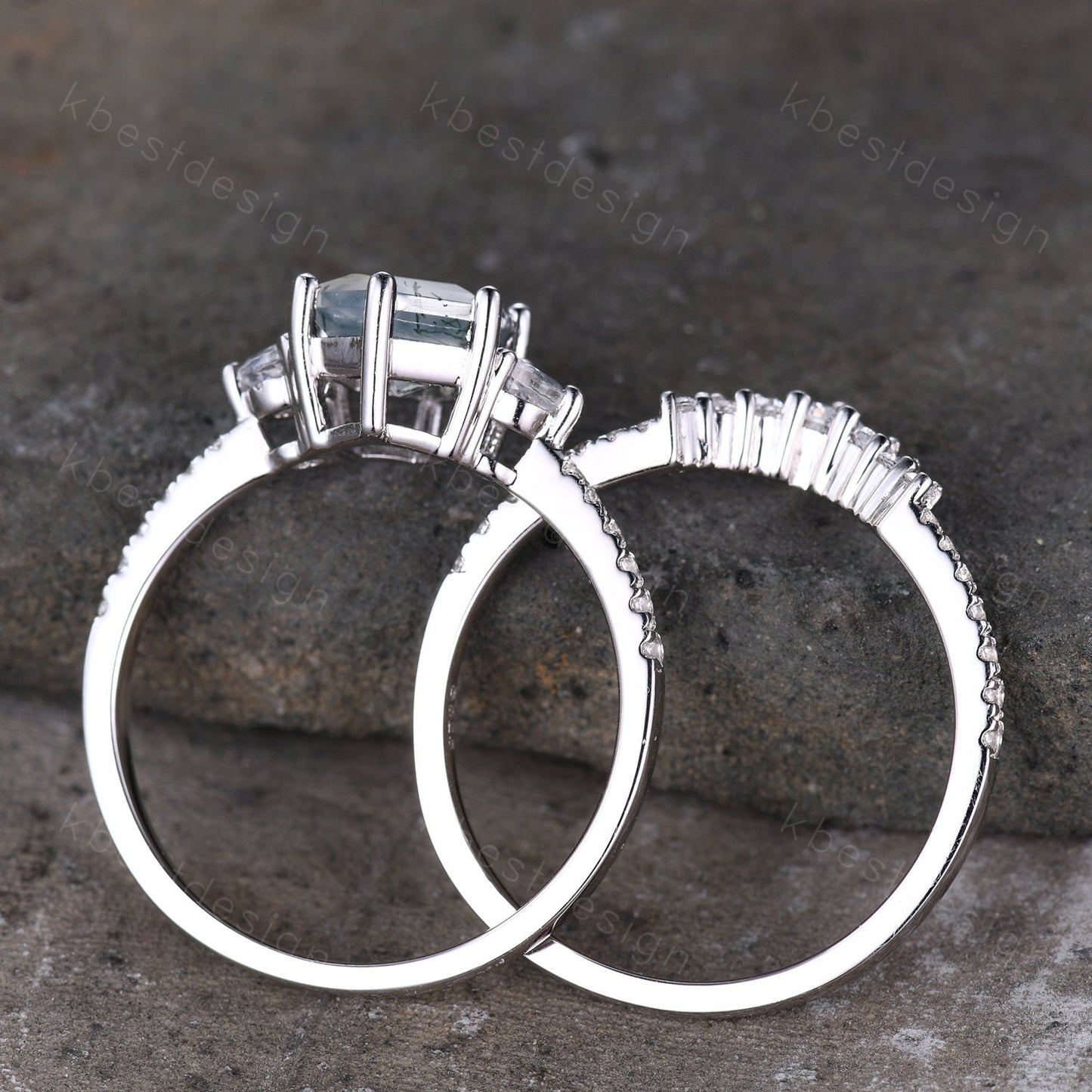 Vintage green moss agate engagement ring set hexagon cut ring unique moonstone wedding ring art deco curved stacking ring bridal wedding set