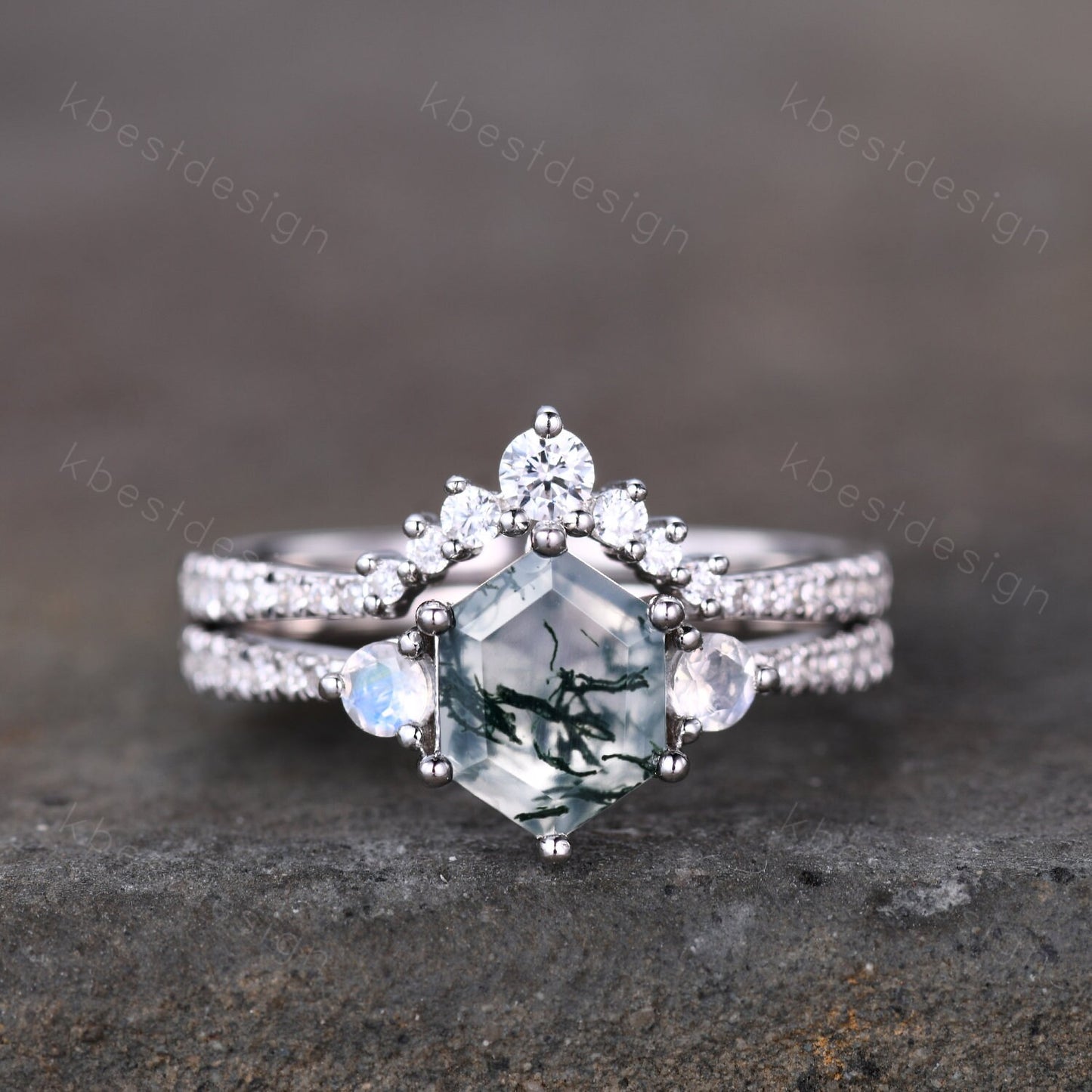 Vintage green moss agate engagement ring set hexagon cut ring unique moonstone wedding ring art deco curved stacking ring bridal wedding set