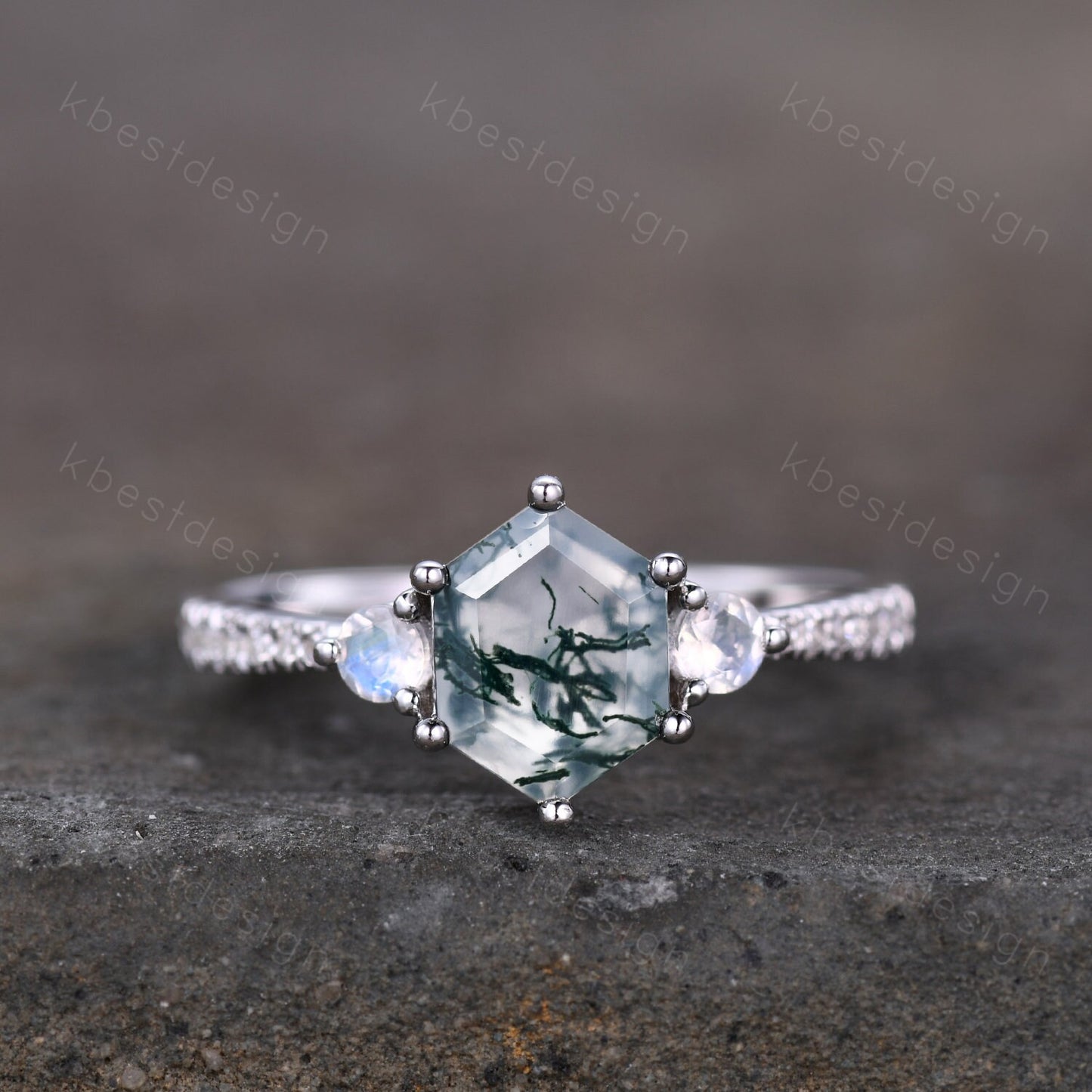 Vintage green moss agate engagement ring set hexagon cut ring unique moonstone wedding ring art deco curved stacking ring bridal wedding set