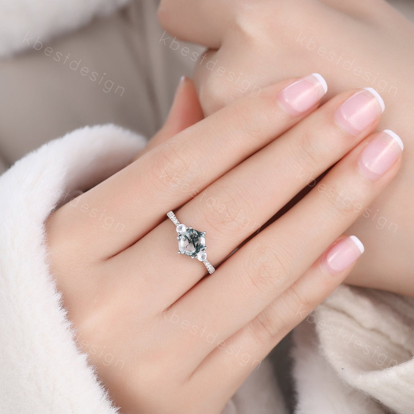 Vintage green moss agate engagement ring set hexagon cut ring unique moonstone wedding ring art deco curved stacking ring bridal wedding set