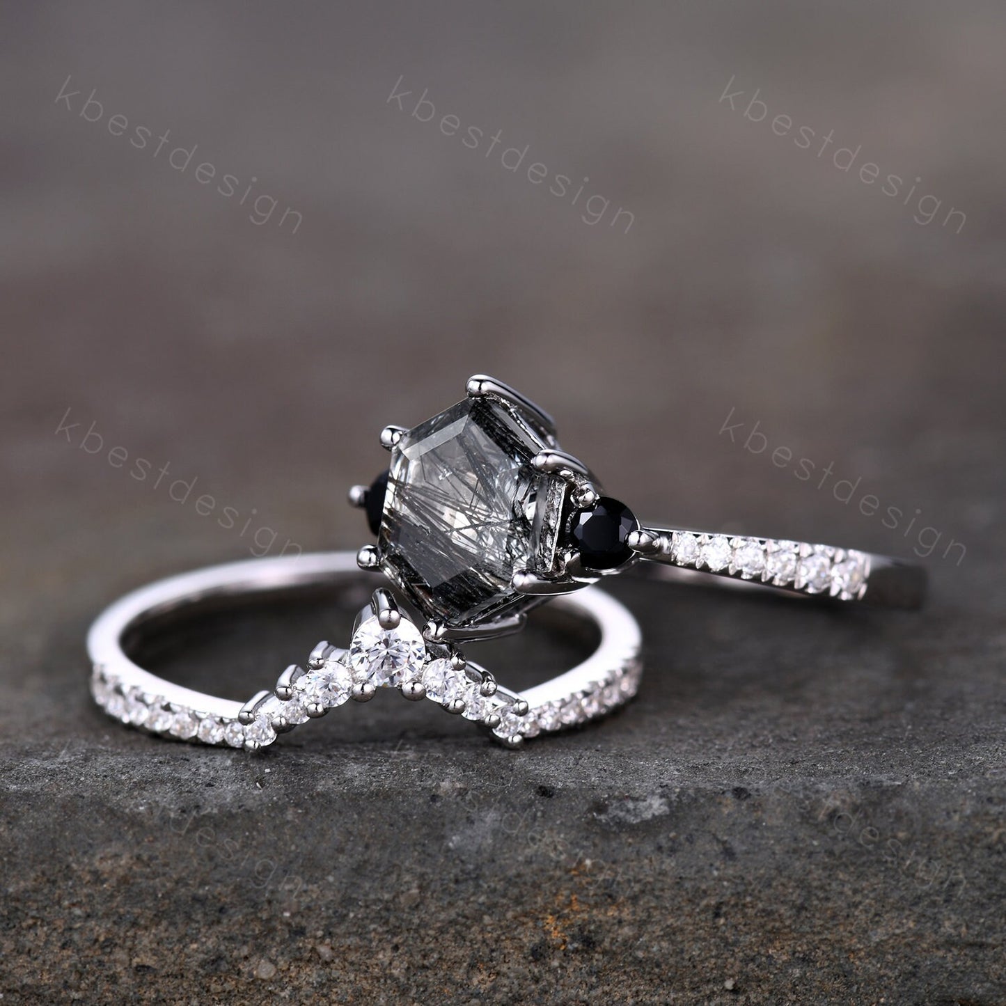 Vintage black rutilated quartz engagement ring sterling silver wedding ring set art deco women stacking ring unique bridal wedding ring set
