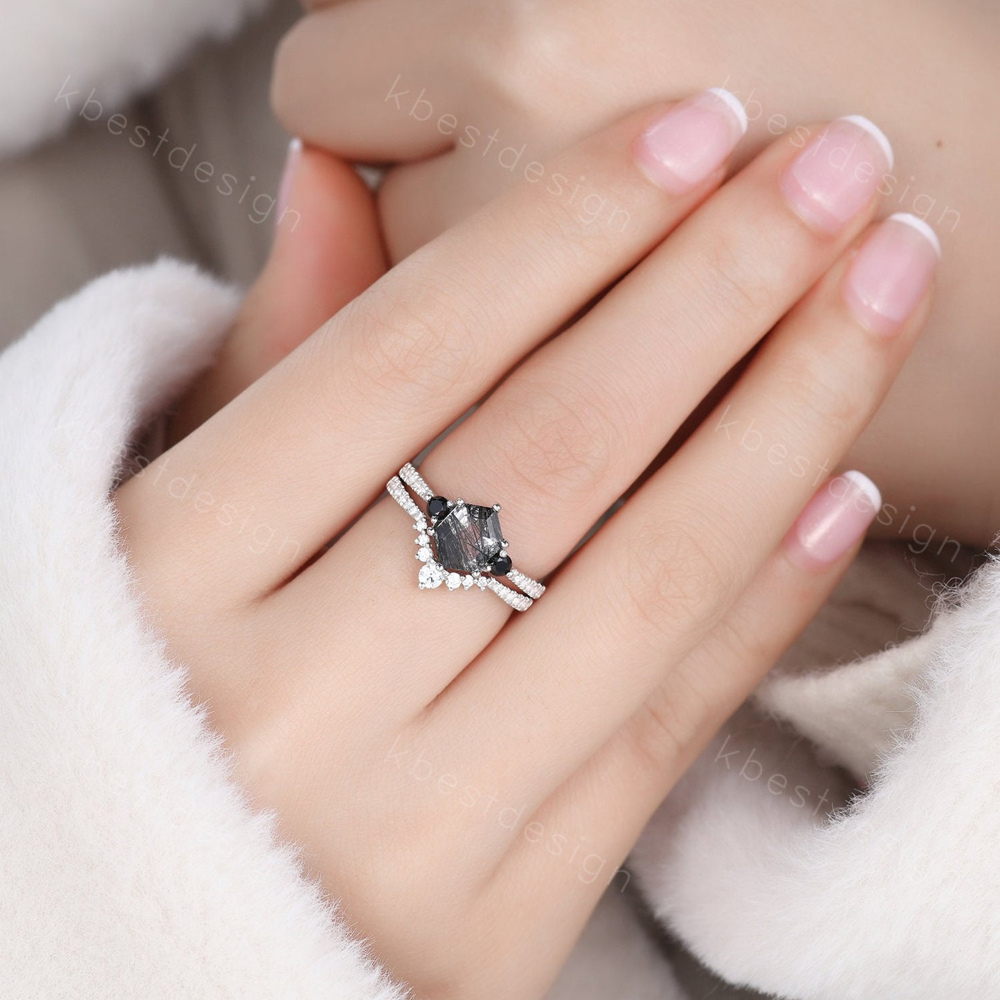 Vintage black rutilated quartz engagement ring sterling silver wedding ring set art deco women stacking ring unique bridal wedding ring set