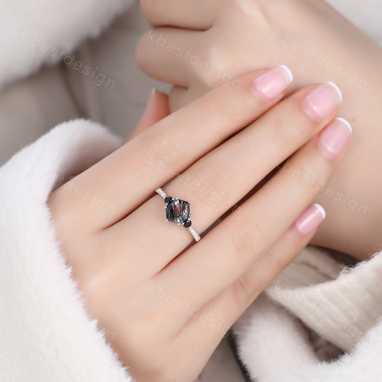 Vintage black rutilated quartz engagement ring sterling silver wedding ring set art deco women stacking ring unique bridal wedding ring set