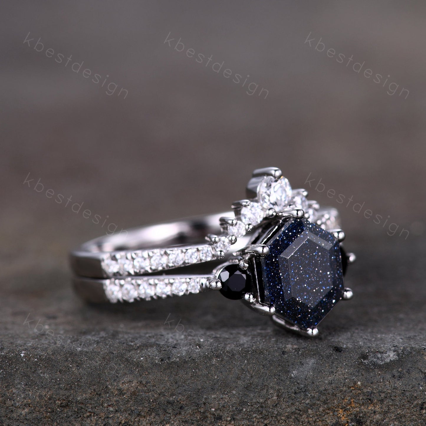 Hexagon Blue Sandstone Engagement Ring Set Sterling Silver Vintage Black Diamond Promise Ring Unique Curved Stacking Band Bridal Ring Set