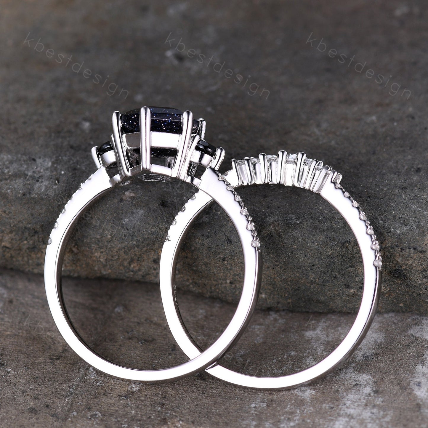 Hexagon Blue Sandstone Engagement Ring Set Sterling Silver Vintage Black Diamond Promise Ring Unique Curved Stacking Band Bridal Ring Set