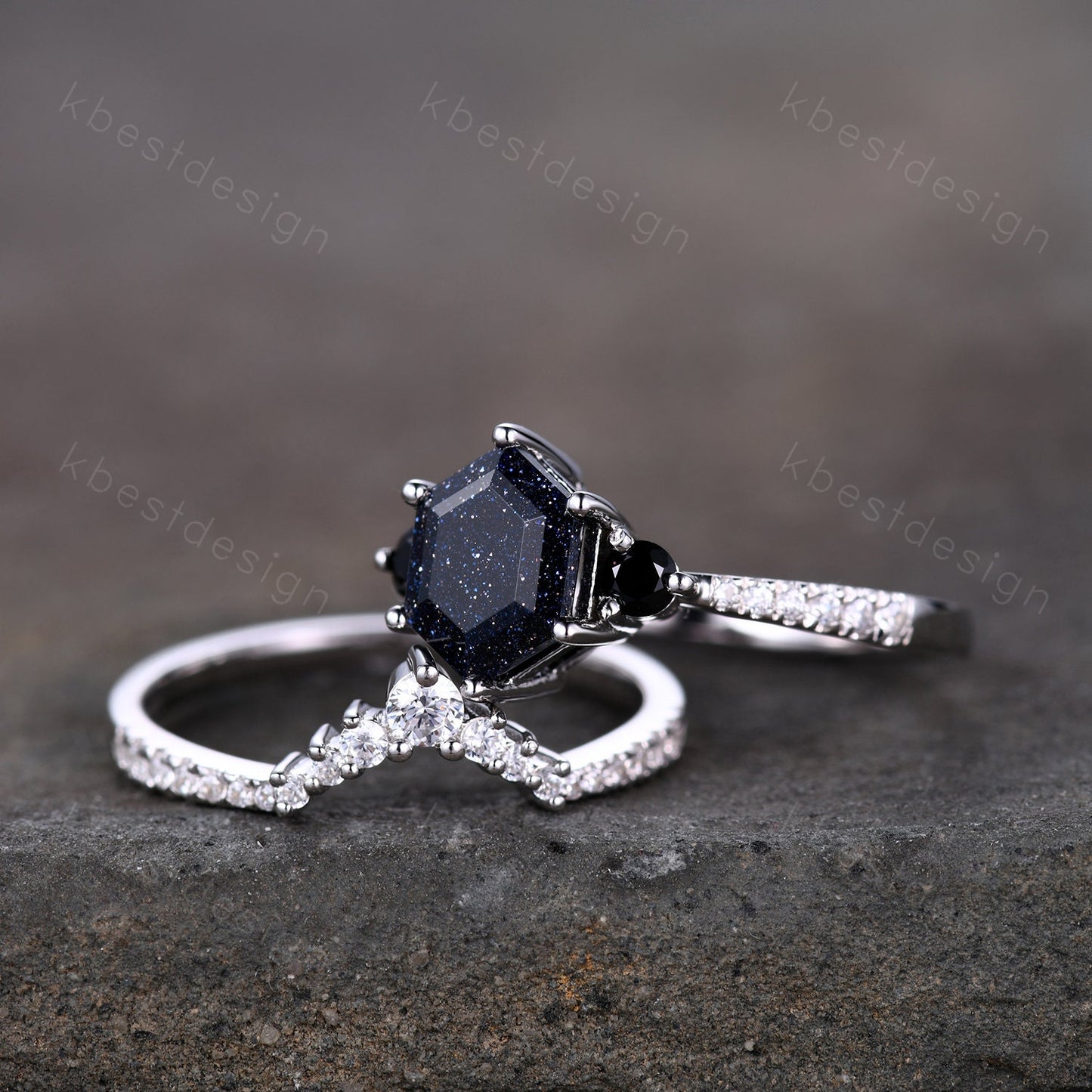 Hexagon Blue Sandstone Engagement Ring Set Sterling Silver Vintage Black Diamond Promise Ring Unique Curved Stacking Band Bridal Ring Set