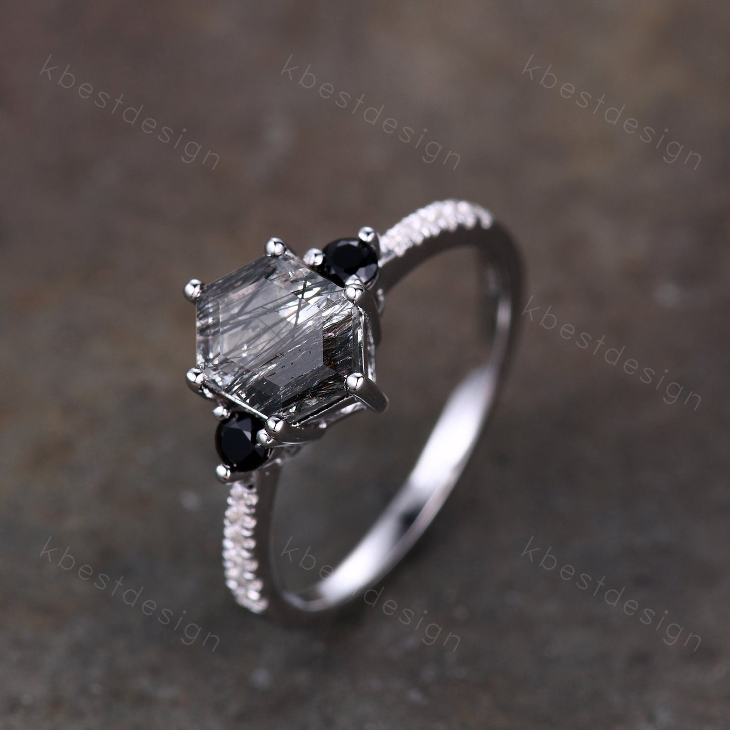 Unique Black Rutile Quartz Engagement Ring,Black Rutilated Quartz Promise Ring,Black Diamond Three Stone Ring,Promise Gift for Her