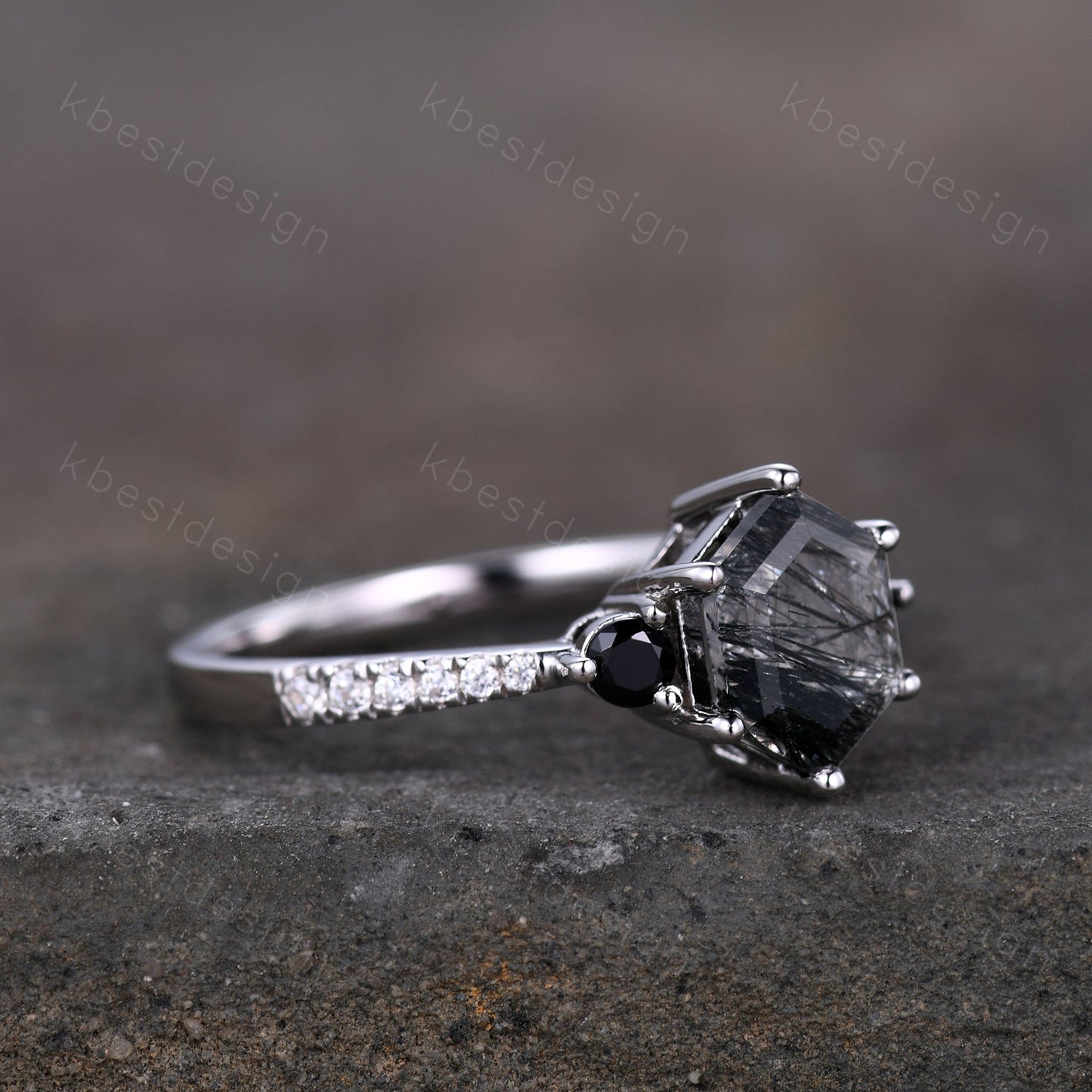 Unique Black Rutile Quartz Engagement Ring,Black Rutilated Quartz Promise Ring,Black Diamond Three Stone Ring,Promise Gift for Her