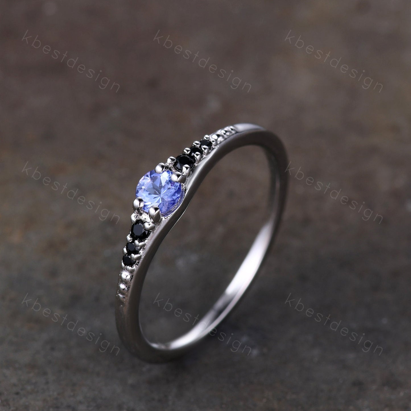 Dainty Tanzanite Wedding Ring Sterling Silver Black Diamond Women Wedding Band Delicate Ring Stackable Band Anniversary Gift for Her