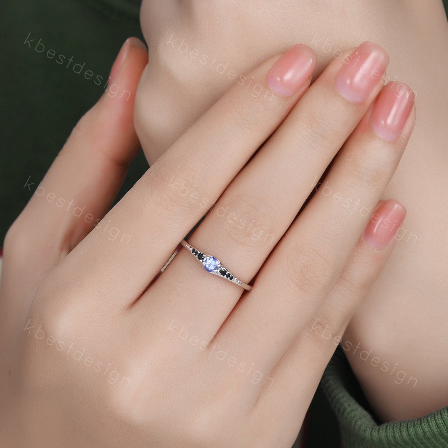 Dainty Tanzanite Wedding Ring Sterling Silver Black Diamond Women Wedding Band Delicate Ring Stackable Band Anniversary Gift for Her