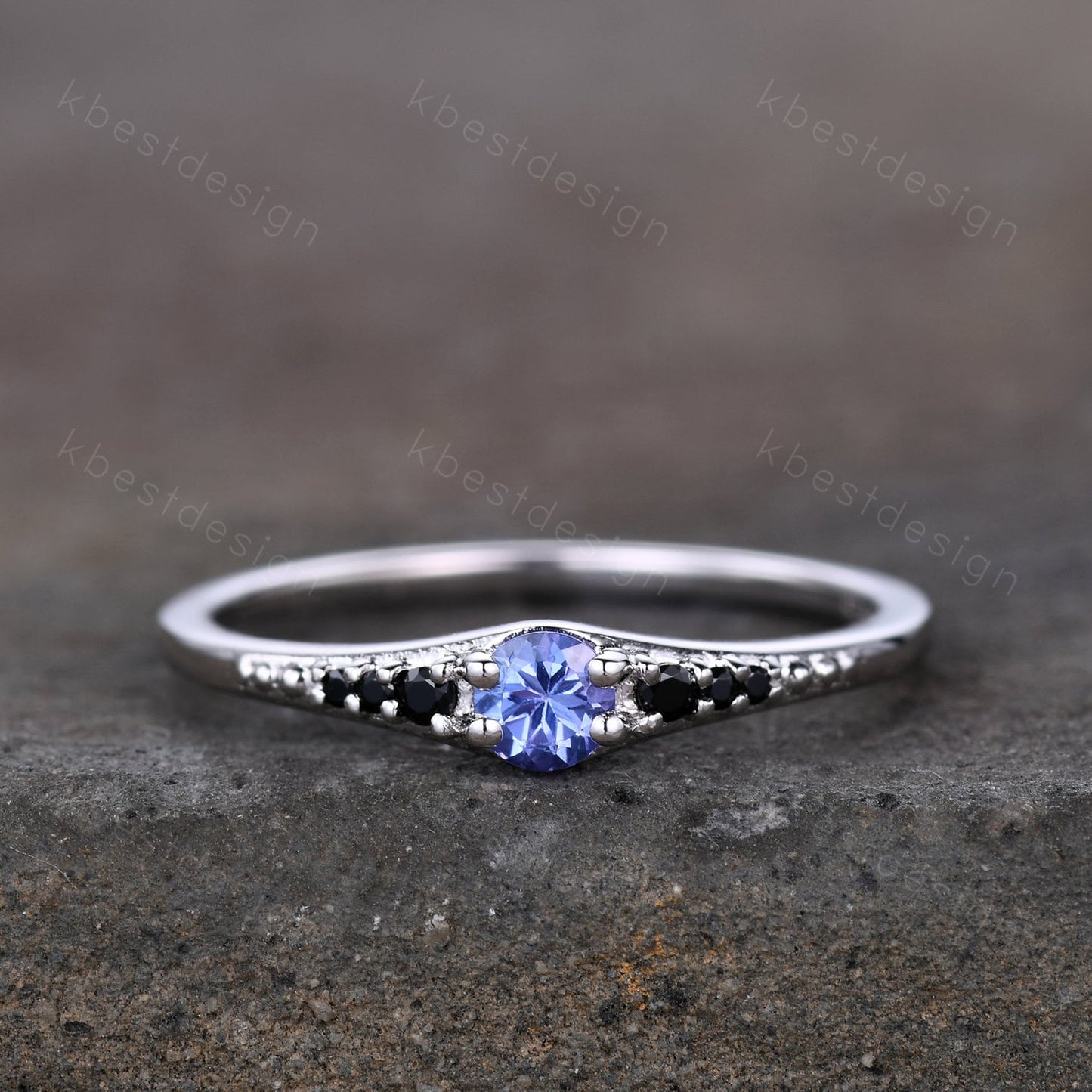 Dainty Tanzanite Wedding Ring Sterling Silver Black Diamond Women Wedding Band Delicate Ring Stackable Band Anniversary Gift for Her