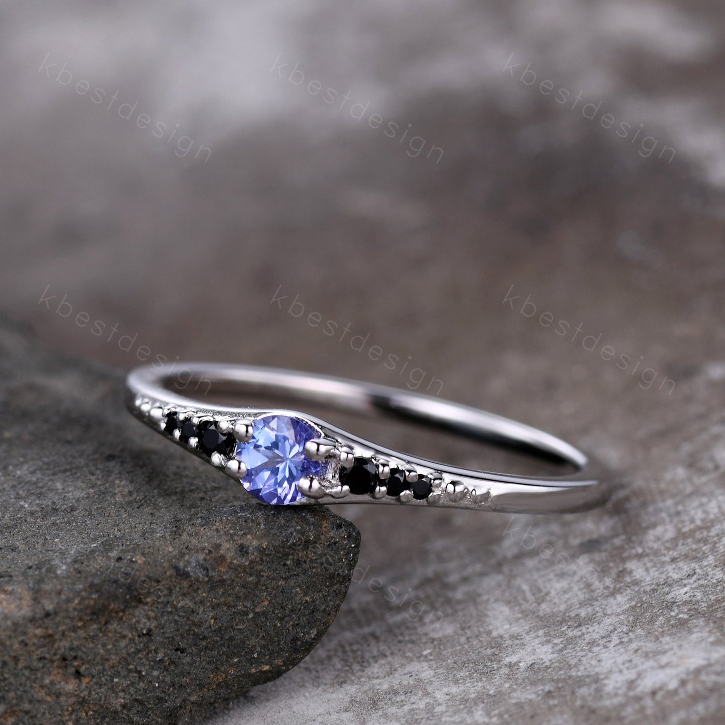 Dainty Tanzanite Wedding Ring Sterling Silver Black Diamond Women Wedding Band Delicate Ring Stackable Band Anniversary Gift for Her