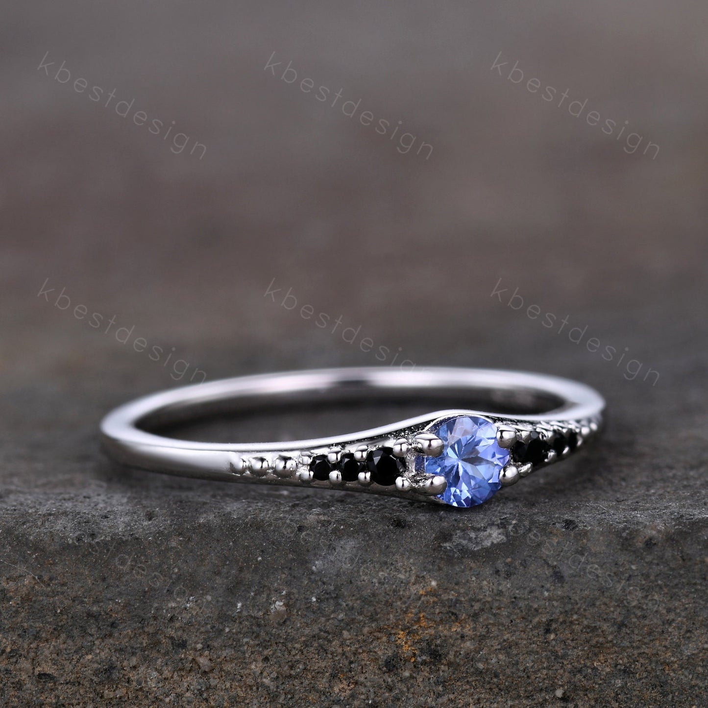 Dainty Tanzanite Wedding Ring Sterling Silver Black Diamond Women Wedding Band Delicate Ring Stackable Band Anniversary Gift for Her